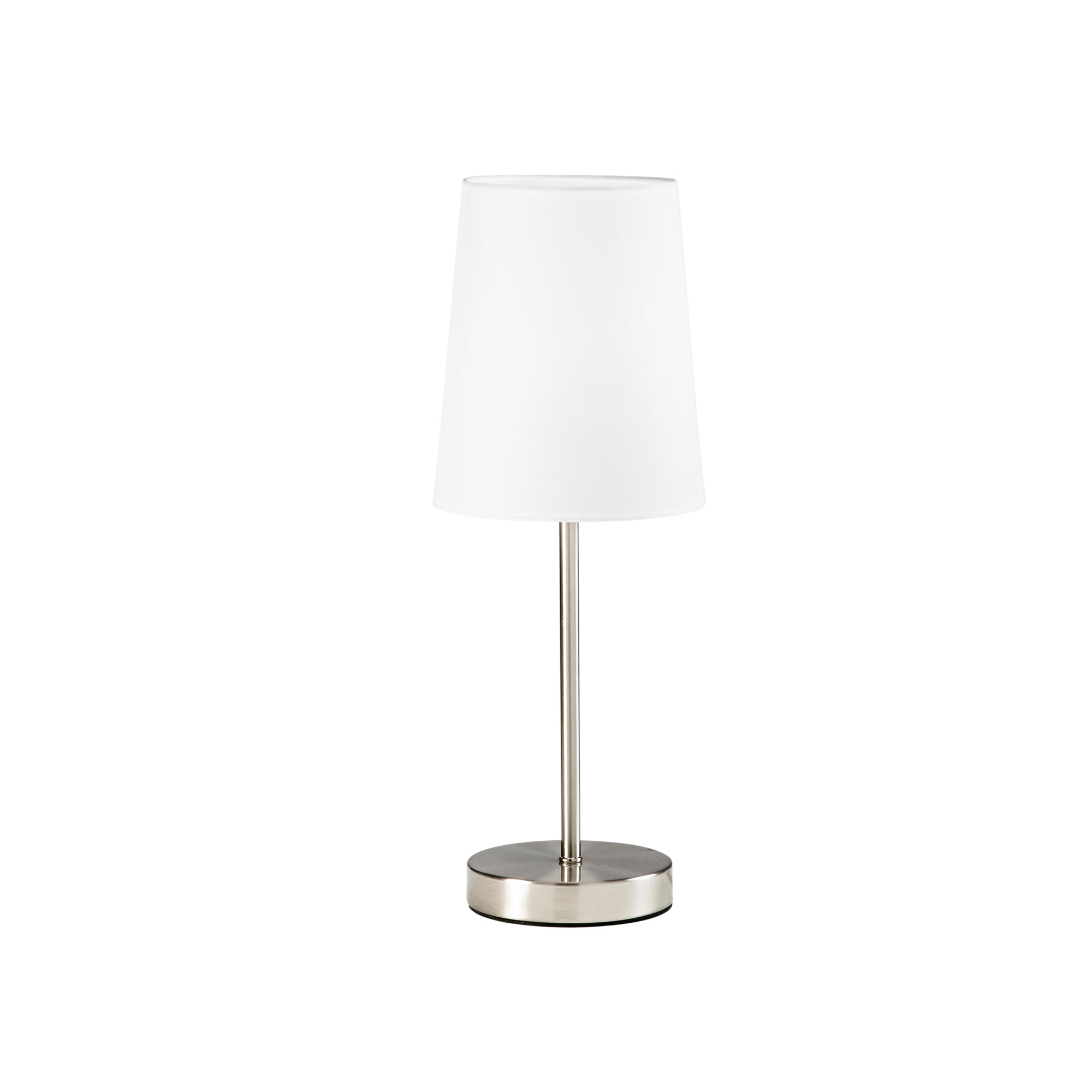 "Lampada da tavolo SALLY in metallo nichel con paralume in tessuto bianco"