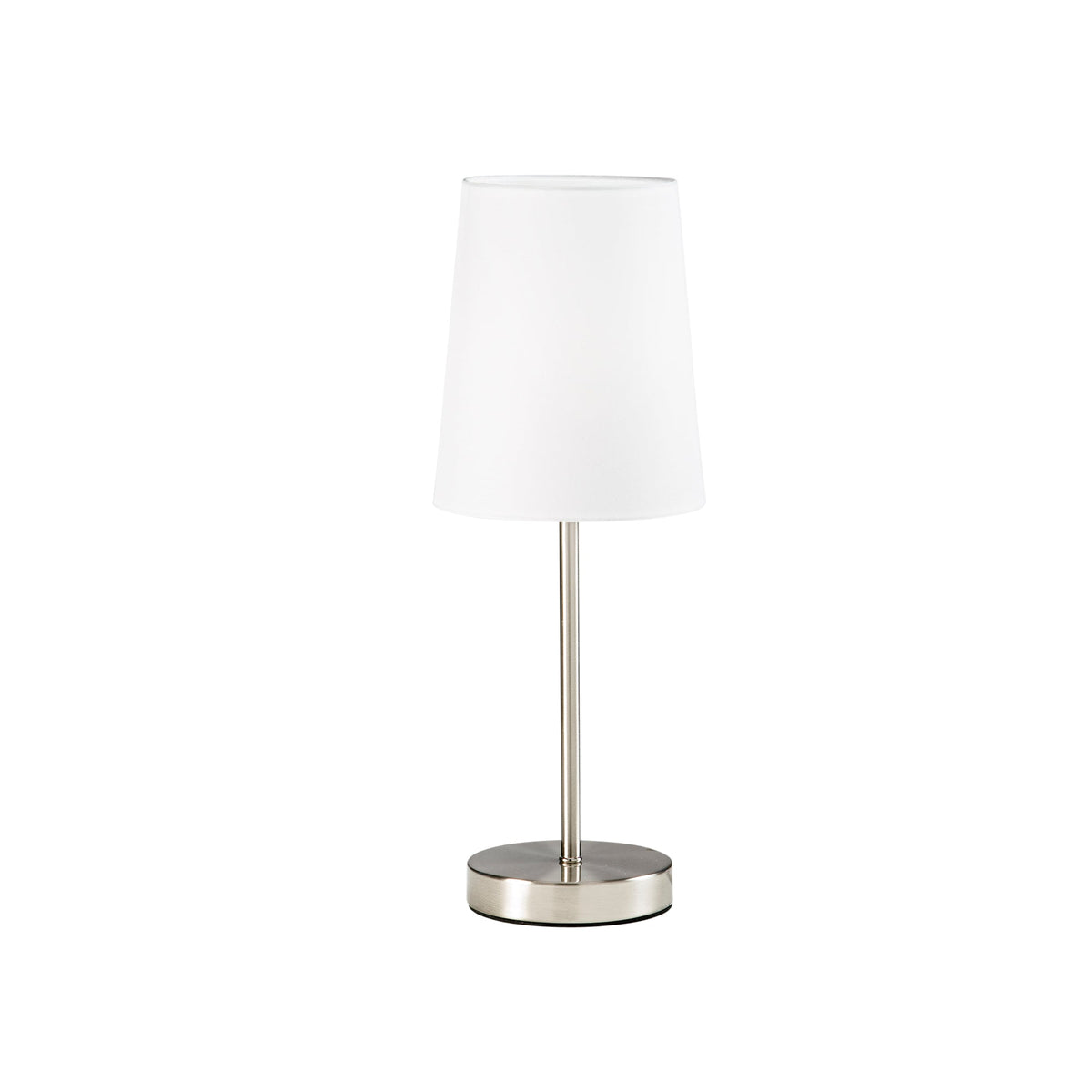 "Lampada da tavolo SALLY in metallo nichel con paralume in tessuto bianco"