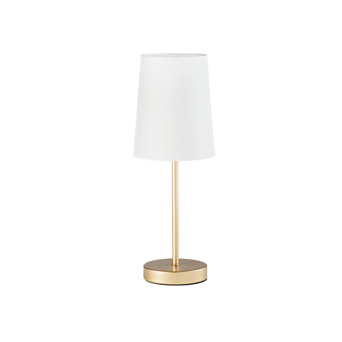 "Lampada da tavolo SALLY in metallo oro con paralume in tessuto bianco"