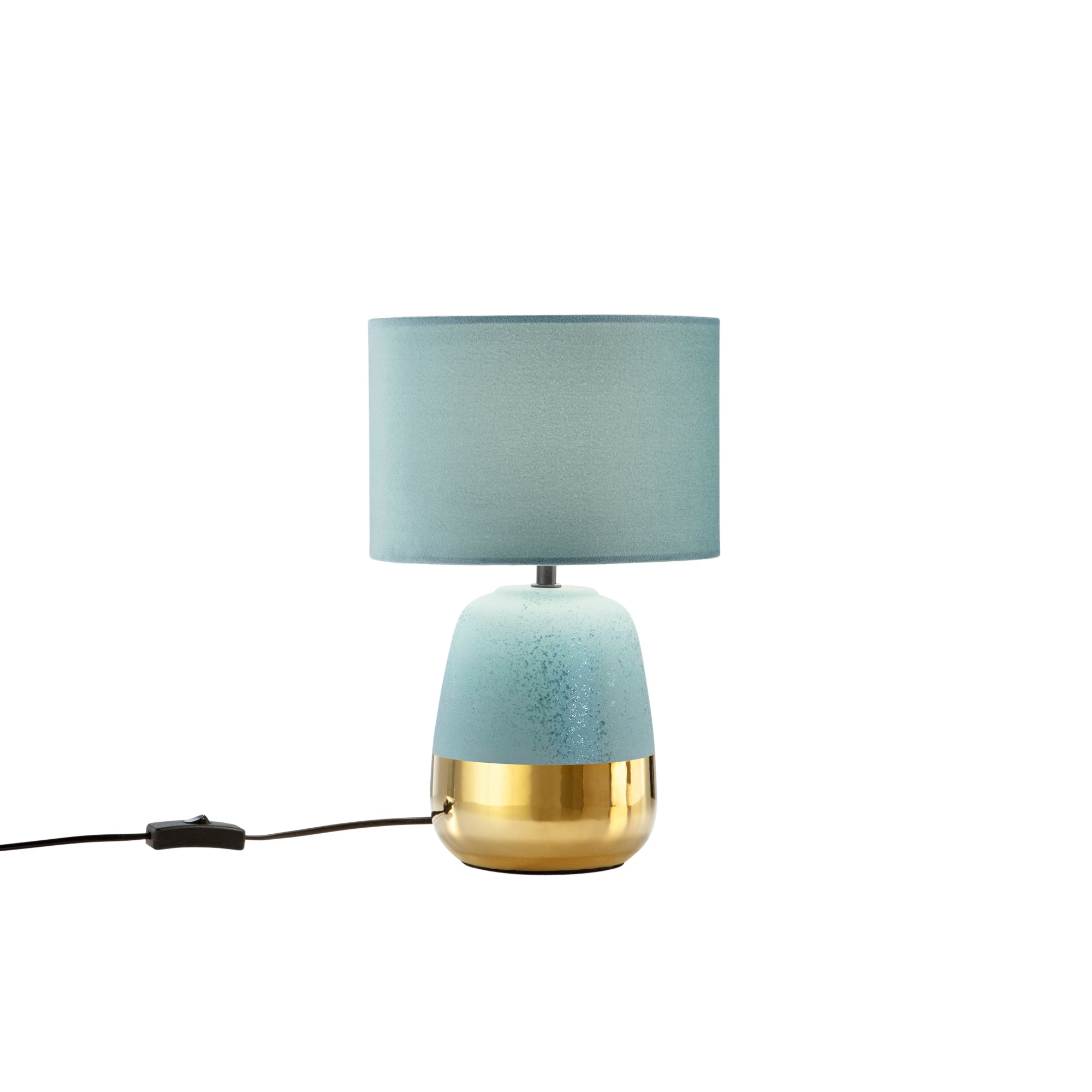 "Lampada da tavolo SIOUX in ceramica blu e oro con paralume in tessuto"