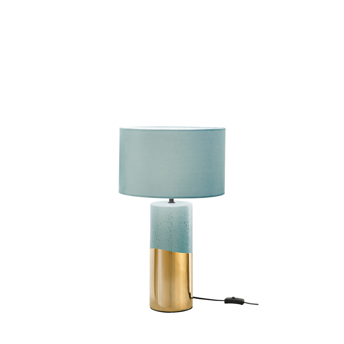 "Lampada da tavolo TATAKA base in ceramica oro e verde pavone con paralume in tessuto verde pavone"