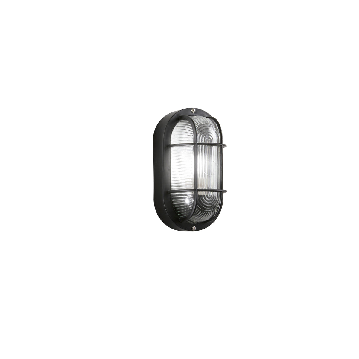 "Applique TURTLE ovale nero con diffusore in vetro e griglia di protezione frontale IP54"