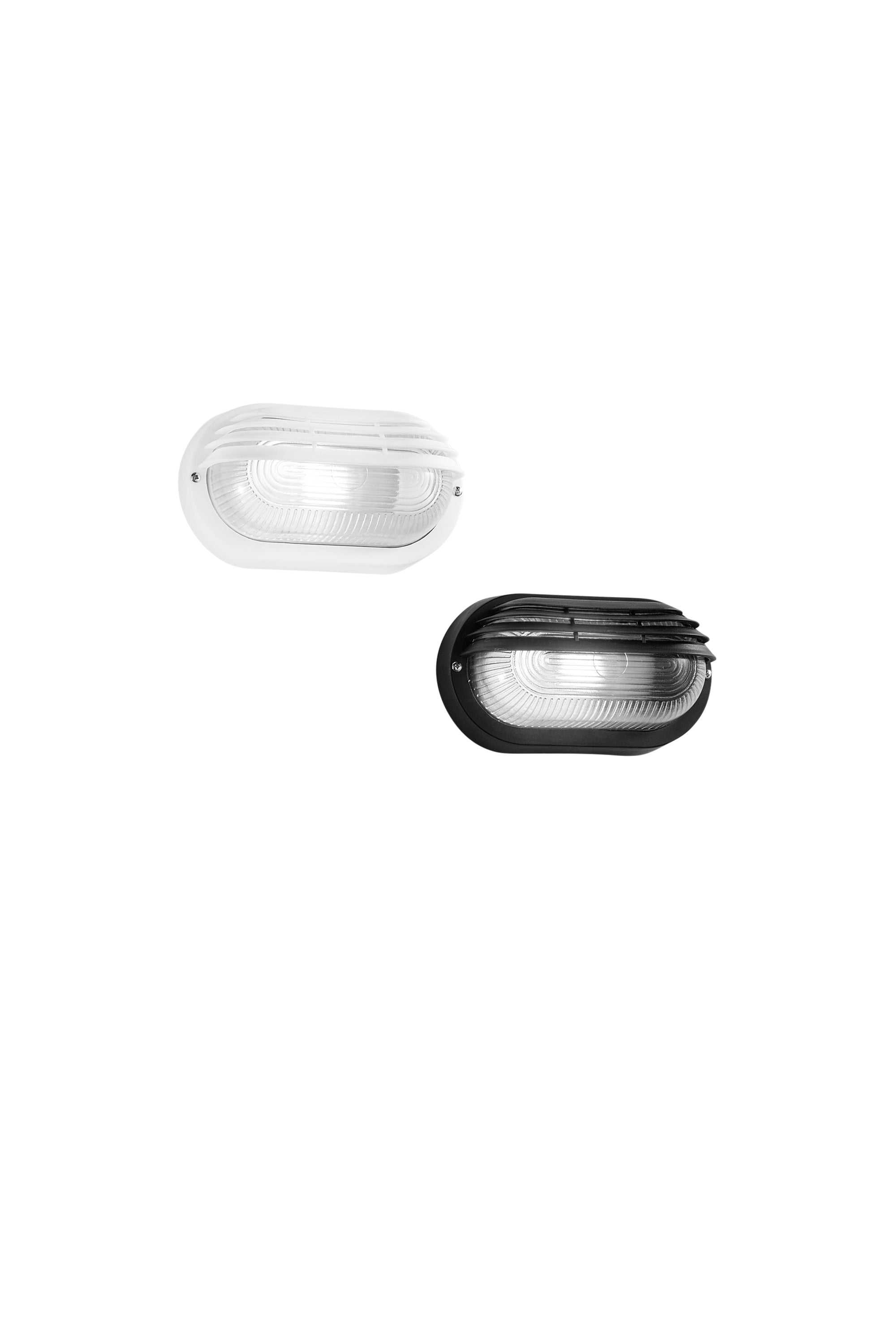 "Applique TURTLE ovale nero con diffusore in vetro e griglia di protezione frontale parziale IP54"