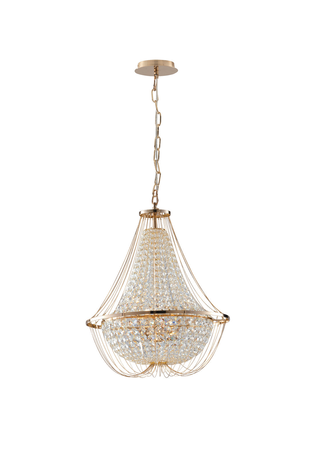 "Lampadario a sospensione VIENNA in metallo dorato con cristalli h 120cm. Ø 45cm."
