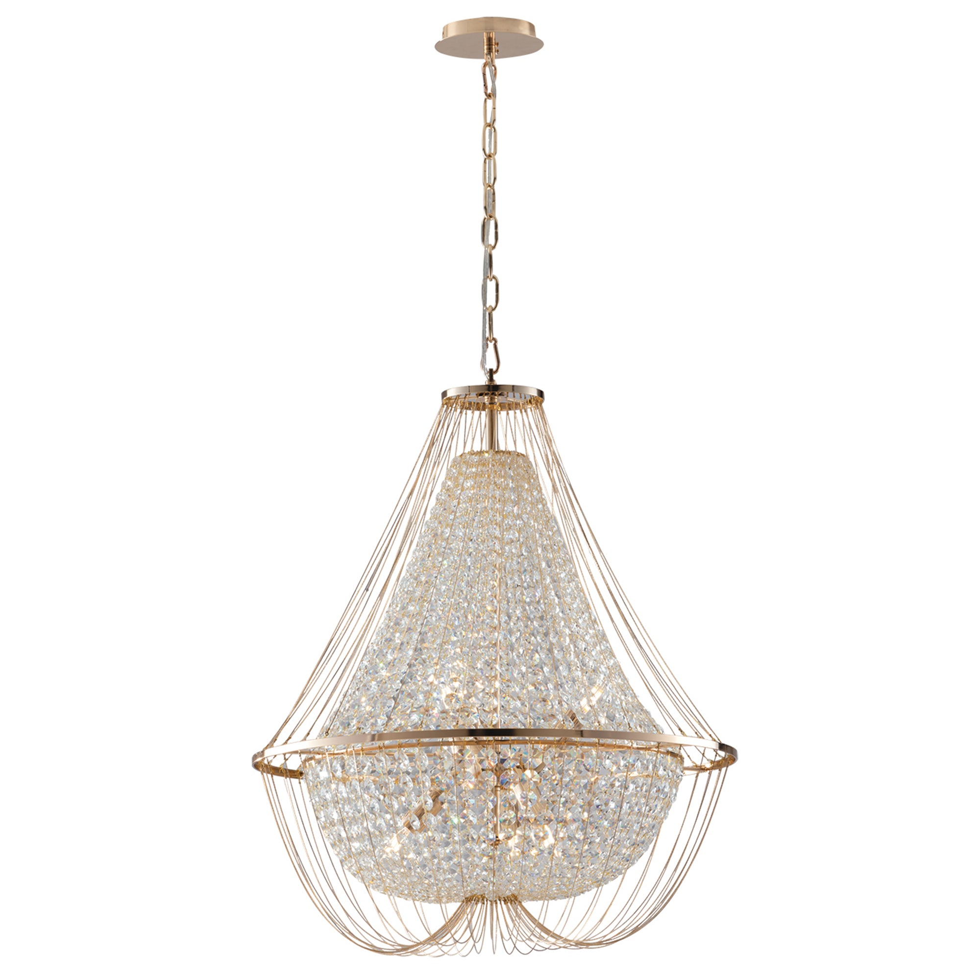 "Lampadario a sospensione VIENNA in metallo dorato con cristalli h 120cm. Ø 60cm."