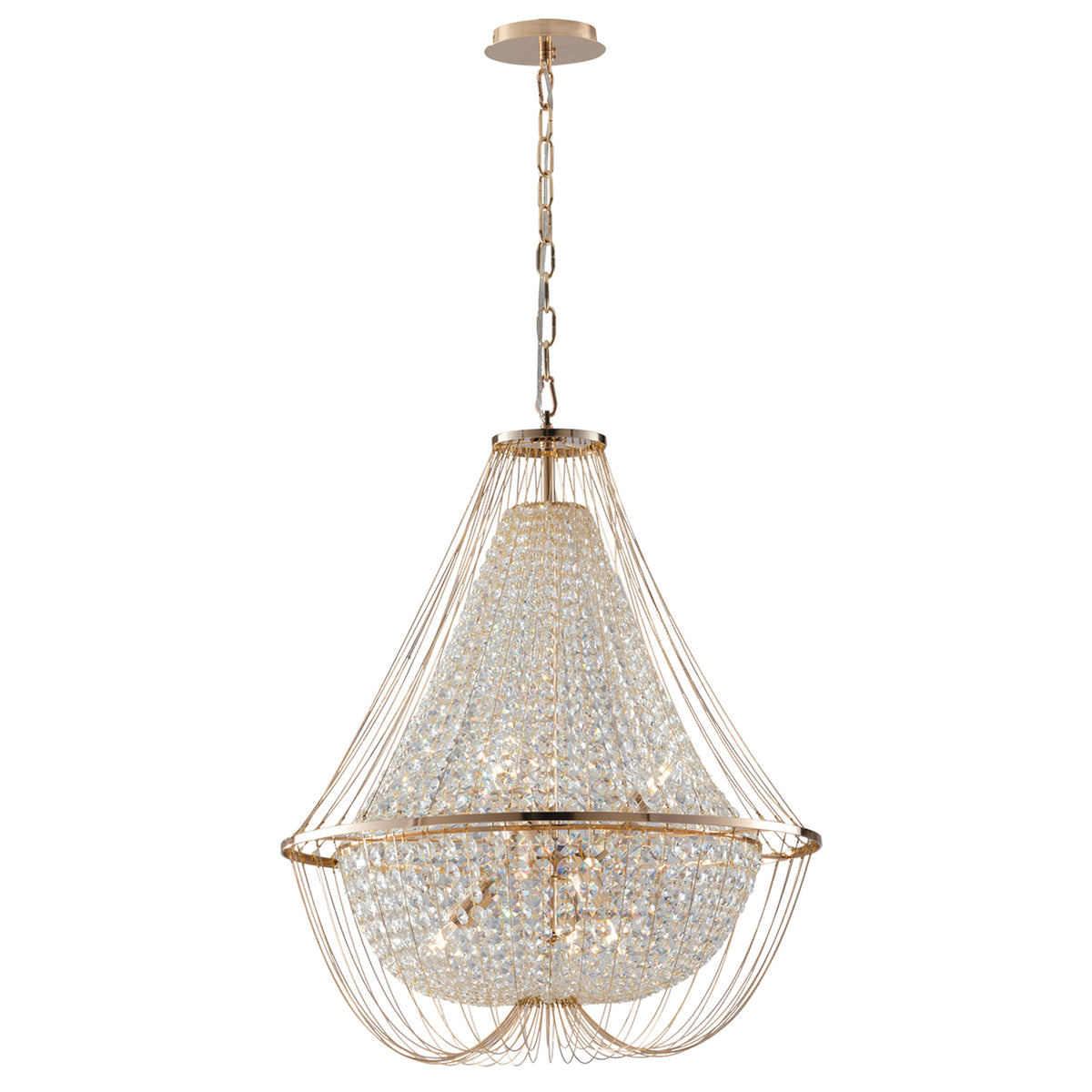"Lampadario a sospensione VIENNA in metallo dorato con cristalli h 120cm. Ø 60cm."