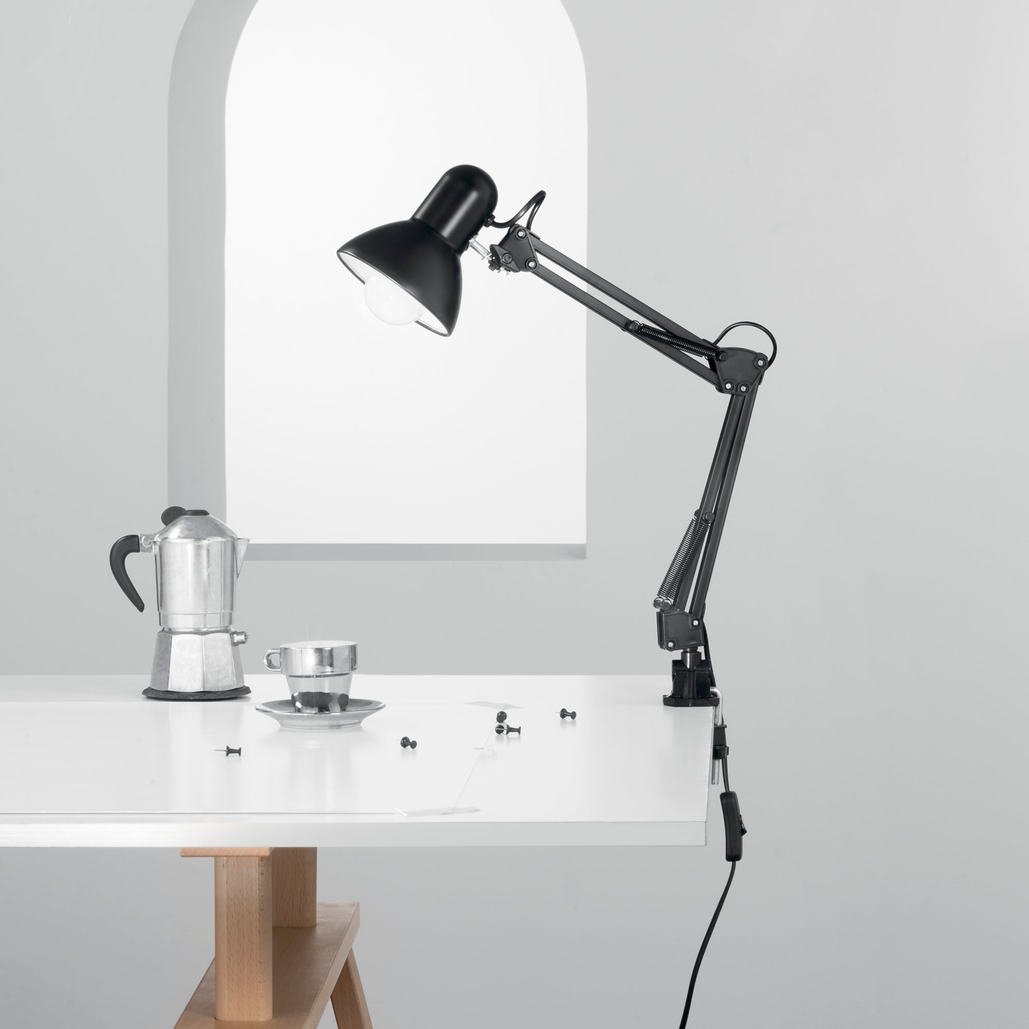 LAMPADA DA LETTURA ARCHITETTO NERA CON BASE DI APPOGGIO/FISSAGGIO AL TAVOLO 1XE27 42X15X60CM