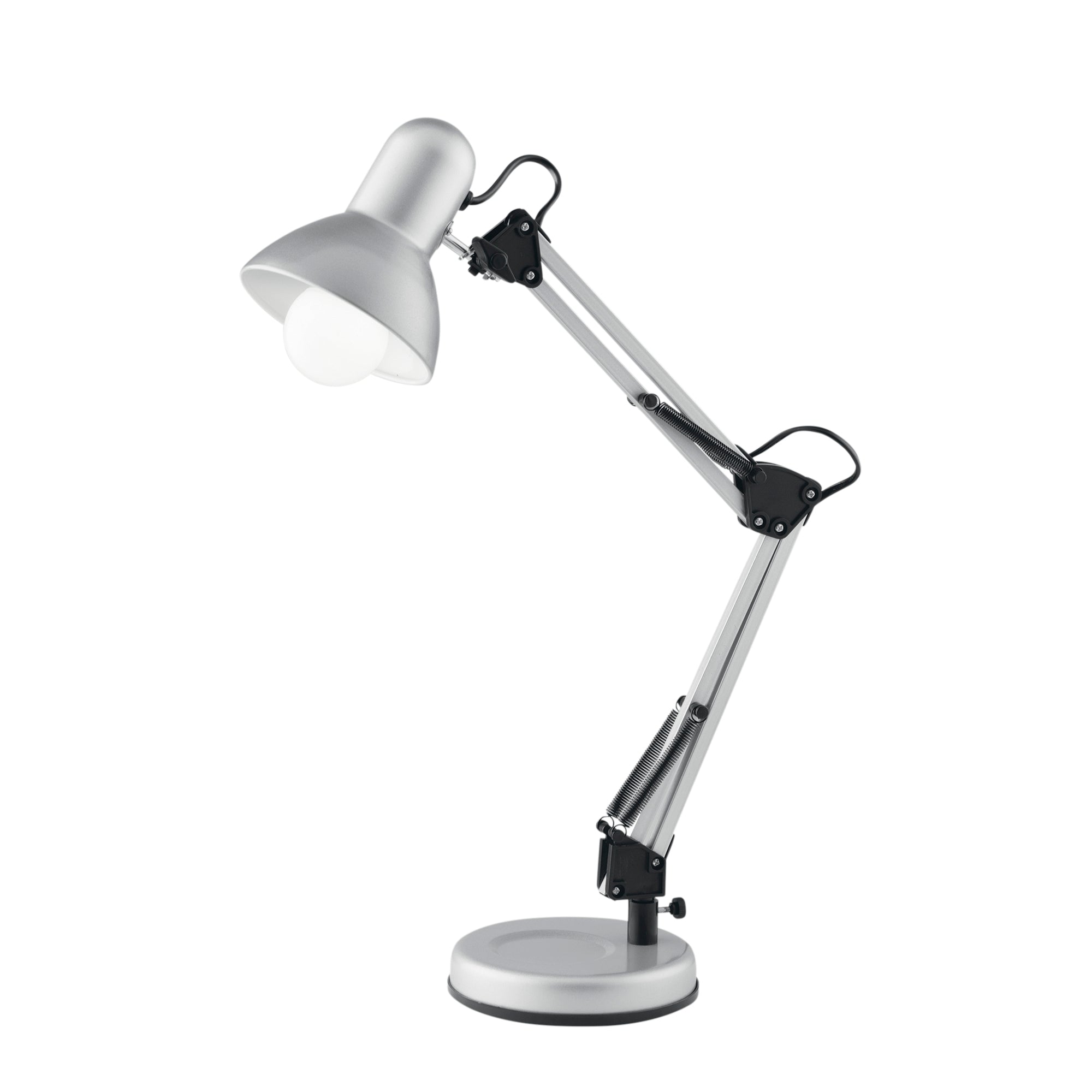 "Lampada da lettura ARCHITETTO in metallo argento con braccio e diffusore orientabili e fissaggio su tavolo"