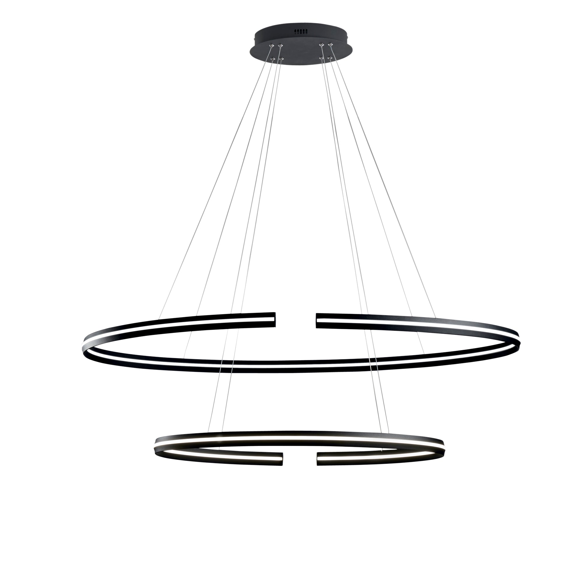 "Sospensione LED CLARKE in alluminio nero con due elementi circolari, (80x40cm. 120x60cm.) 3000K (luce calda)"