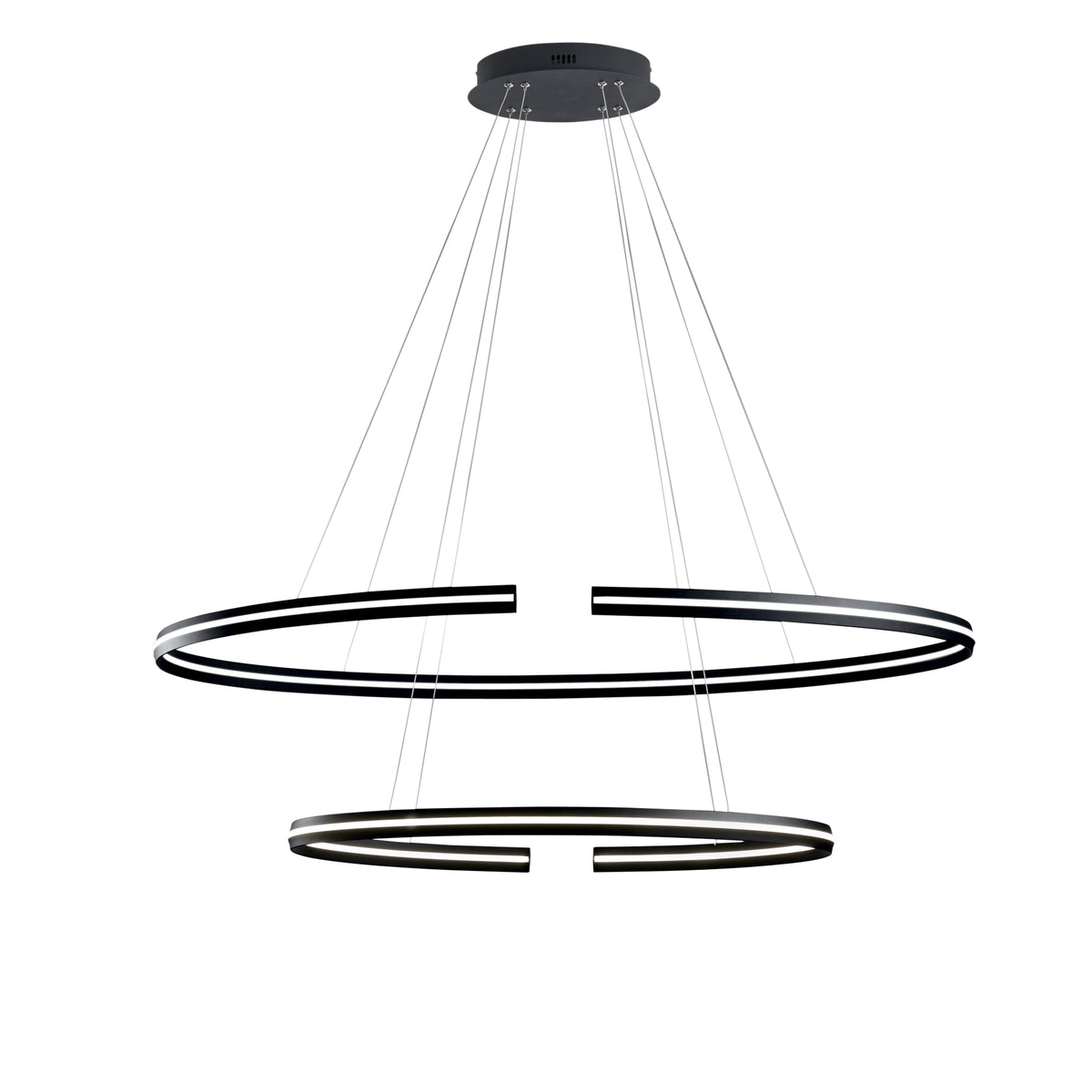 "Sospensione LED CLARKE in alluminio nero con due elementi circolari, (80x40cm. 120x60cm.) 3000K (luce calda)"
