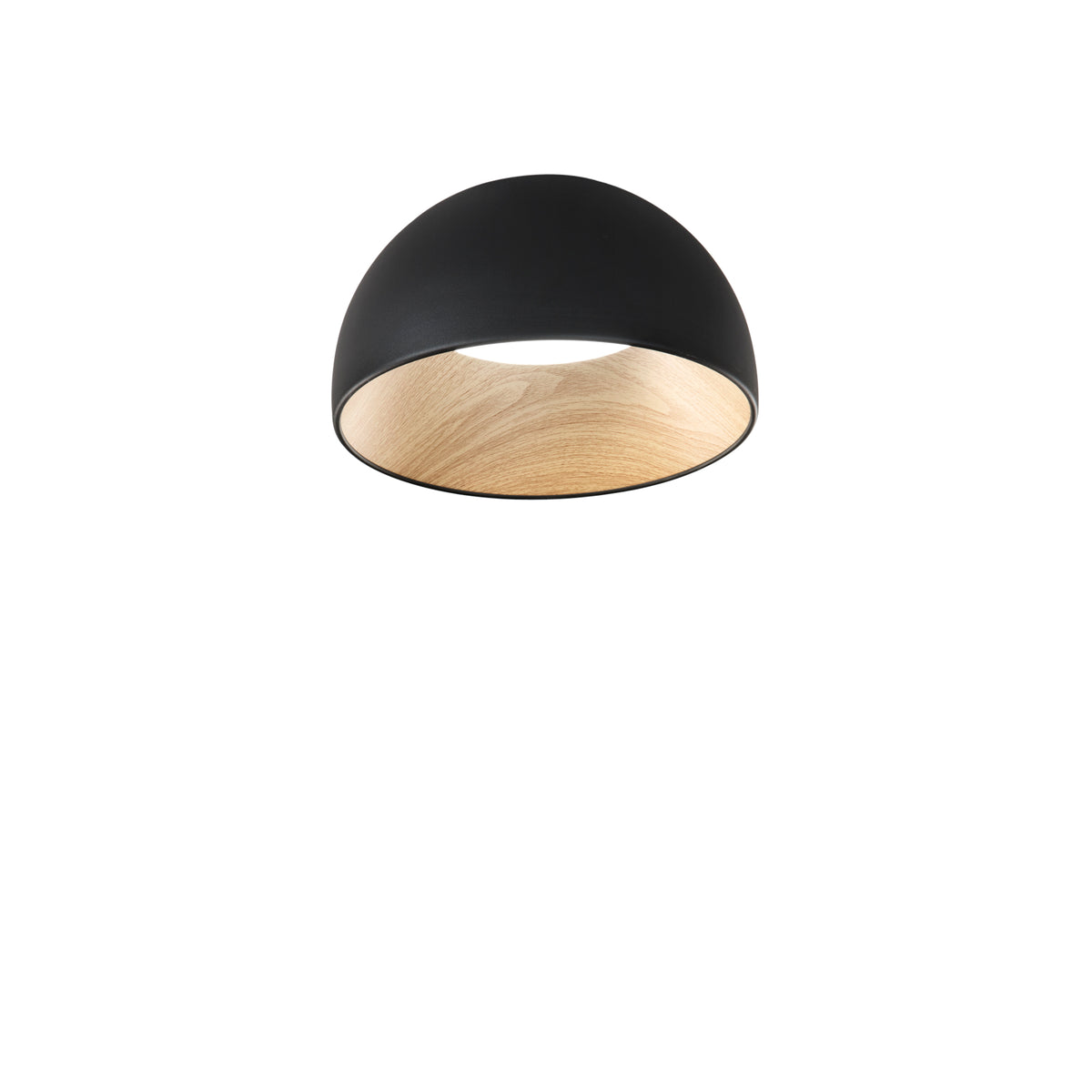 "Plafoniera LED COCO in metallo nero, interno effetto legno, CCT Ø 35 cm."