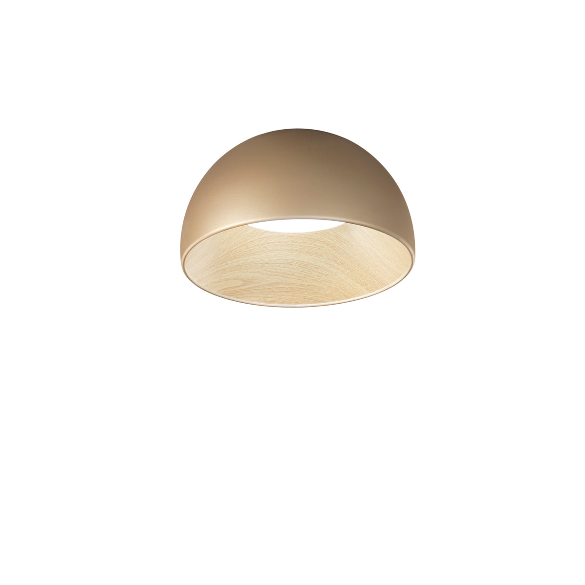 "Plafoniera LED COCO in metallo oro, interno effetto legno, CCT Ø 35 cm."