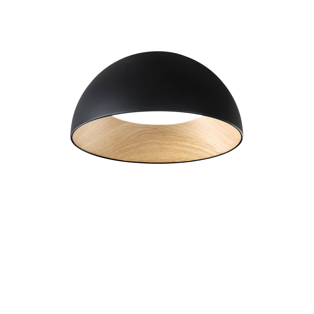 "Plafoniera LED COCO in metallo nero, interno effetto legno, CCT Ø 50 cm."