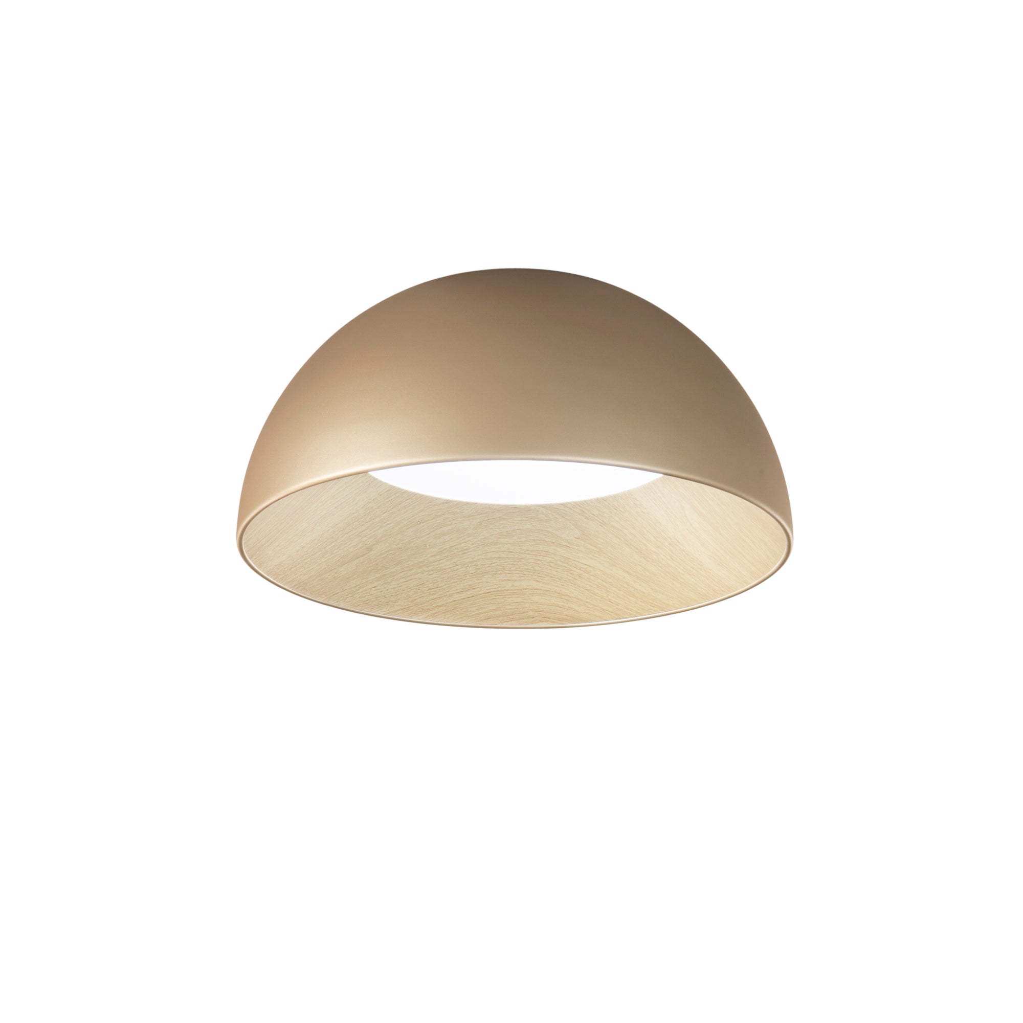 "Plafoniera LED COCO in metallo oro, interno effetto legno, CCT Ø 50 cm."