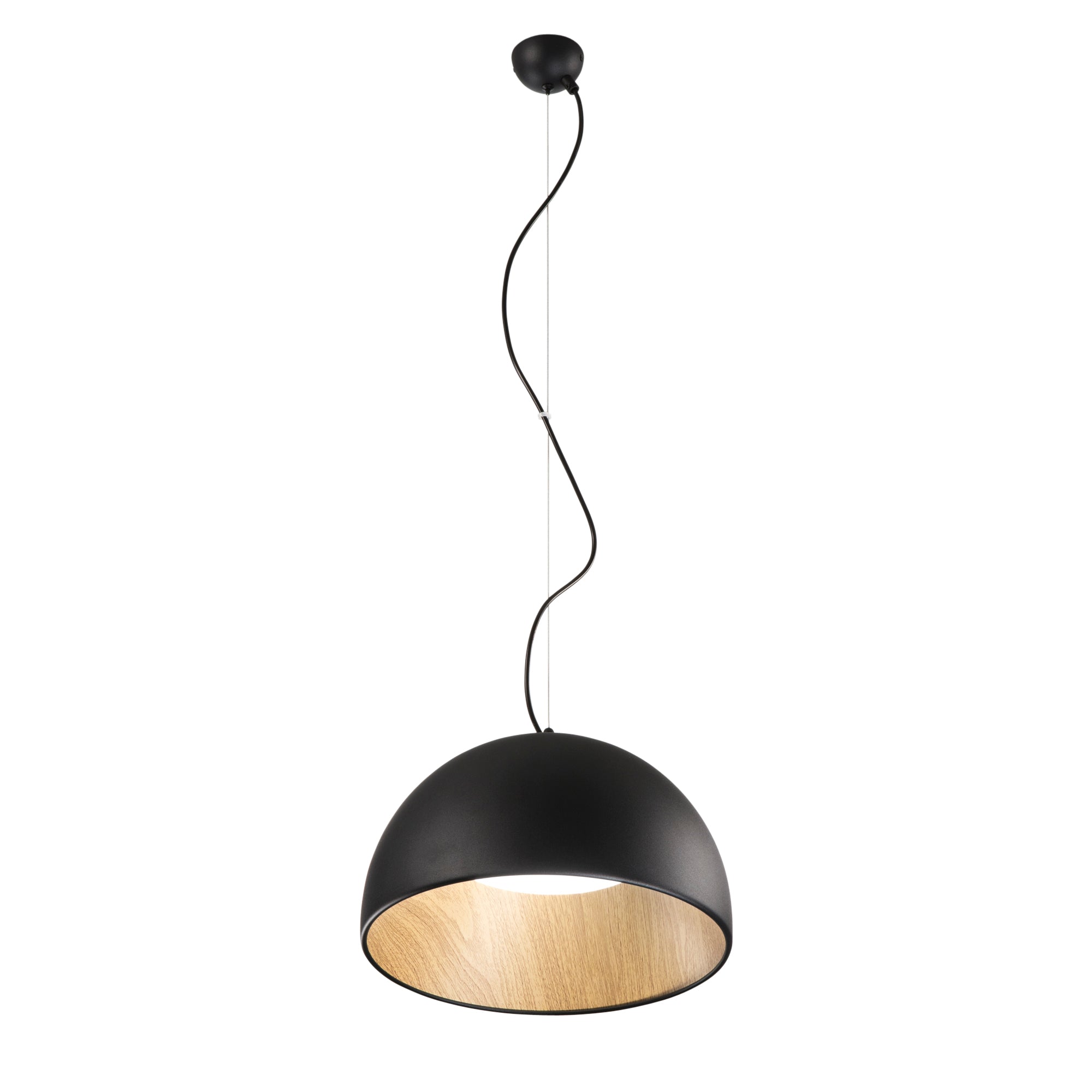 "Sospensione LED COCO in metallo nero, interno effetto legno, CCT Ø 35 cm."
