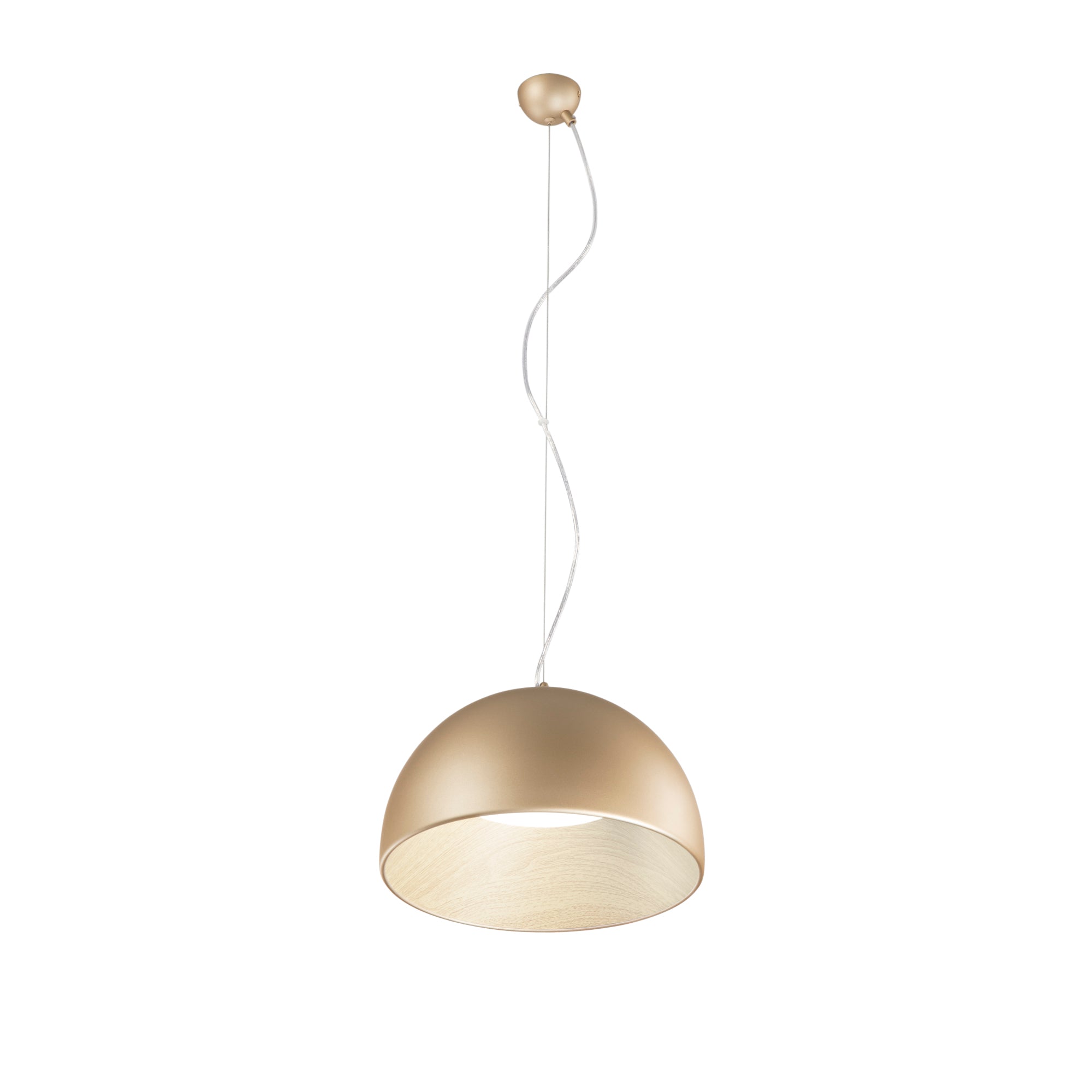 "Sospensione LED COCO in metallo oro, interno effetto legno, CCT Ø 35 cm."