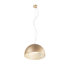 "Sospensione LED COCO in metallo oro, interno effetto legno, CCT Ø 35 cm."