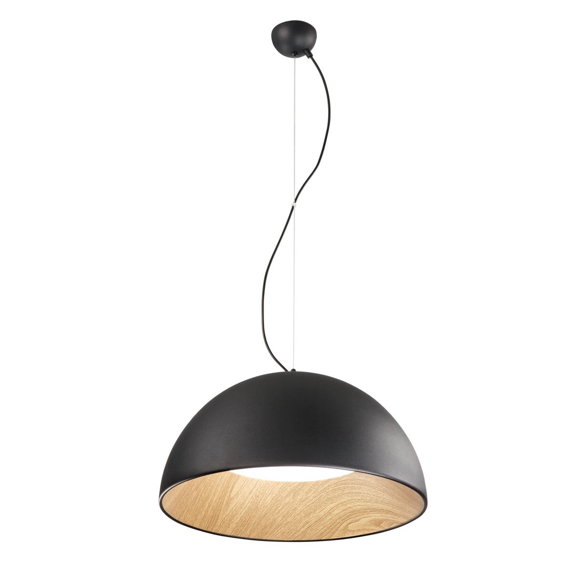 "Sospensione LED COCO in metallo nero, interno effetto legno, CCT Ø 50 cm."