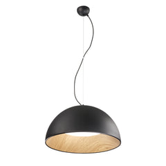 "Sospensione LED COCO in metallo nero, interno effetto legno, CCT Ø 50 cm."