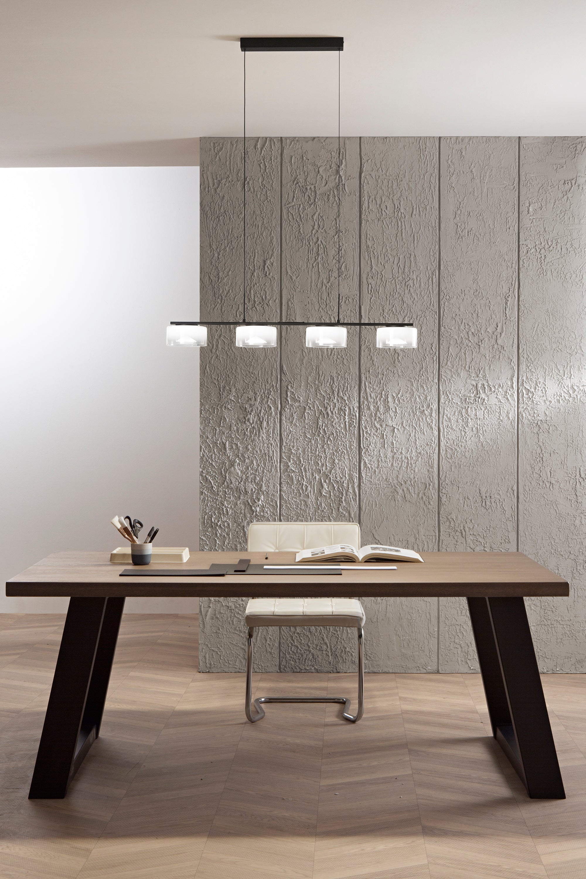 SOSPENSIONE LED EMILY BIANCA QUATTRO PENDENTI IN VETRO+METALLO 30W CCT 2700/3200/4000K 92X12X150CM