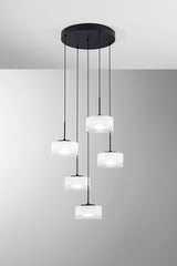SOSPENSIONE LED EMILY BIANCA CINQUE PENDENTI IN VETRO+METALLO 40W CCT 2700/3200/4000K D44X150CM