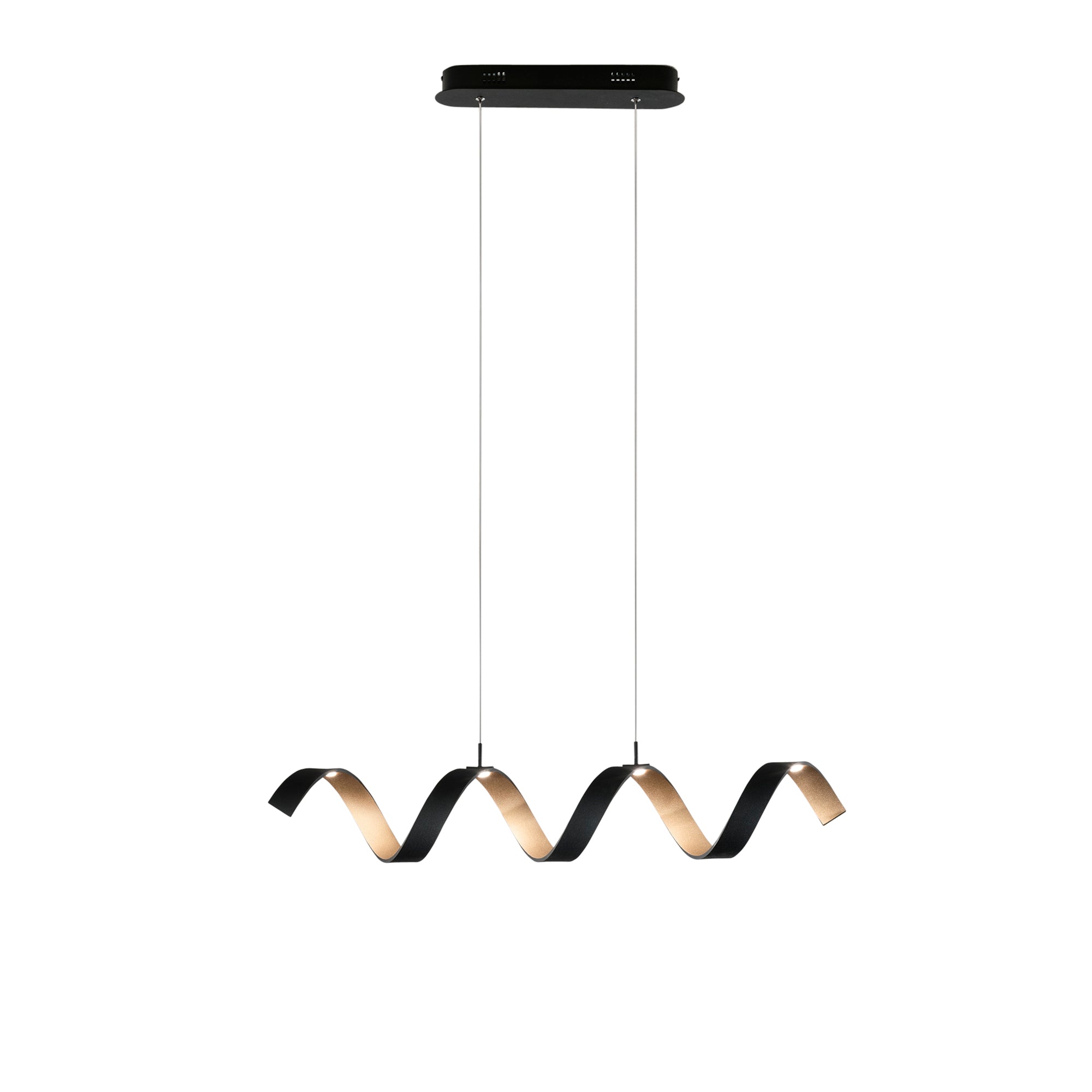 "Sospensione LED HELIX in alluminio nera e oro 3000k (luce calda), h120x80cm."