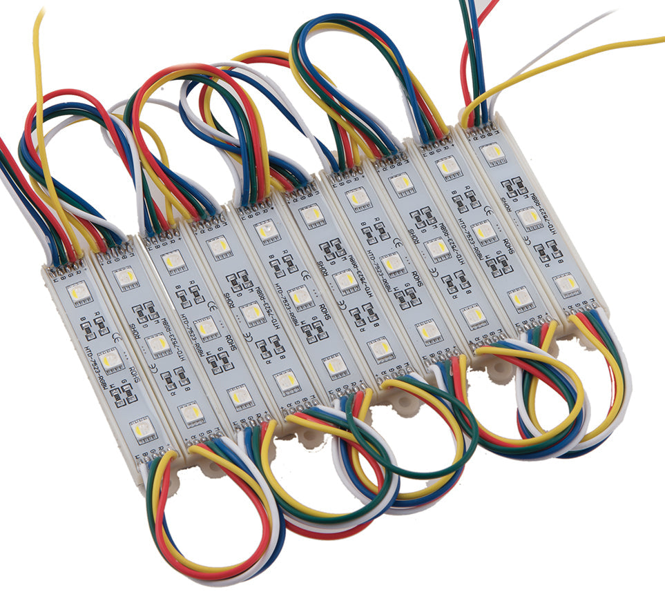 "Kit 20 moduli LED INSIGN 5050 3LED 0.96W DC12V 6000K (luce fredda) + RGB IP65 con cavo"