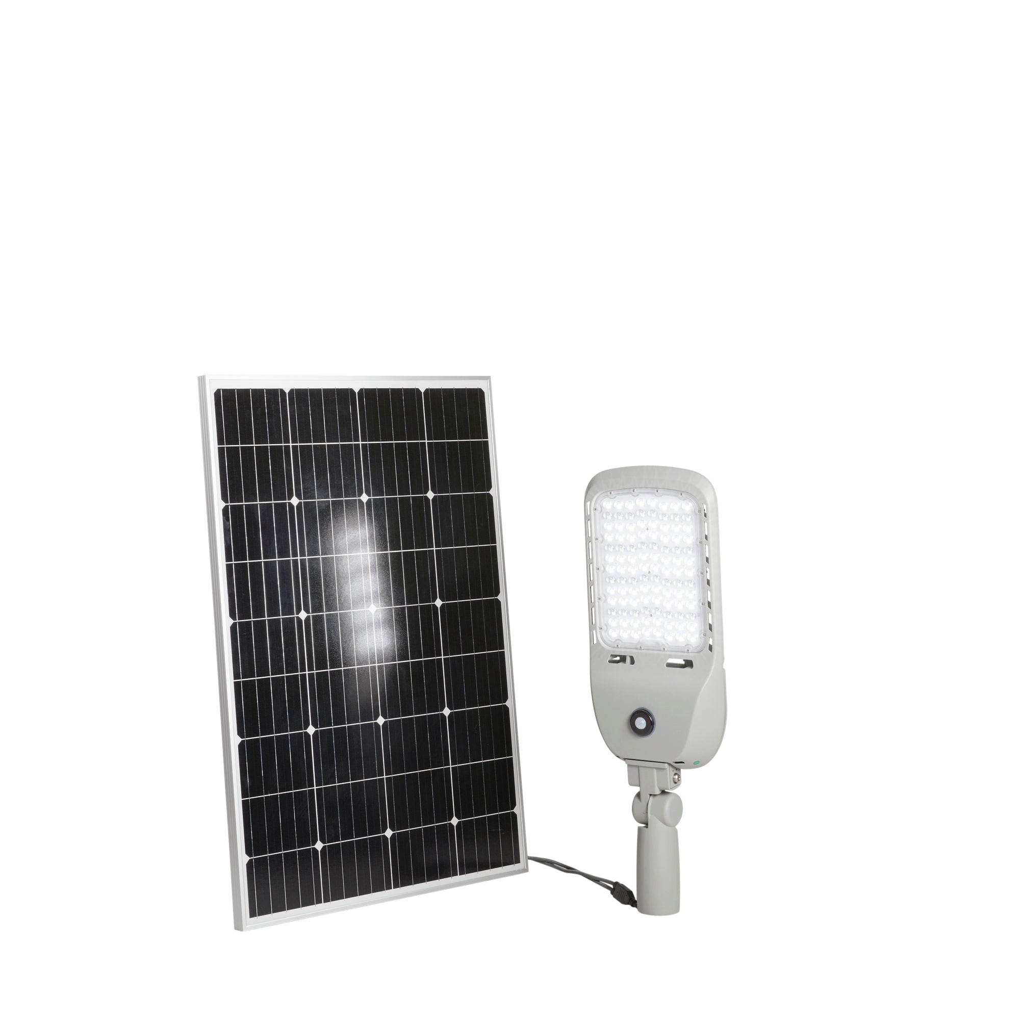 "Faro stradale LED IPERION argento con sensore di movimento e pannello solare 50W 4000K (luce naturale) IP65"