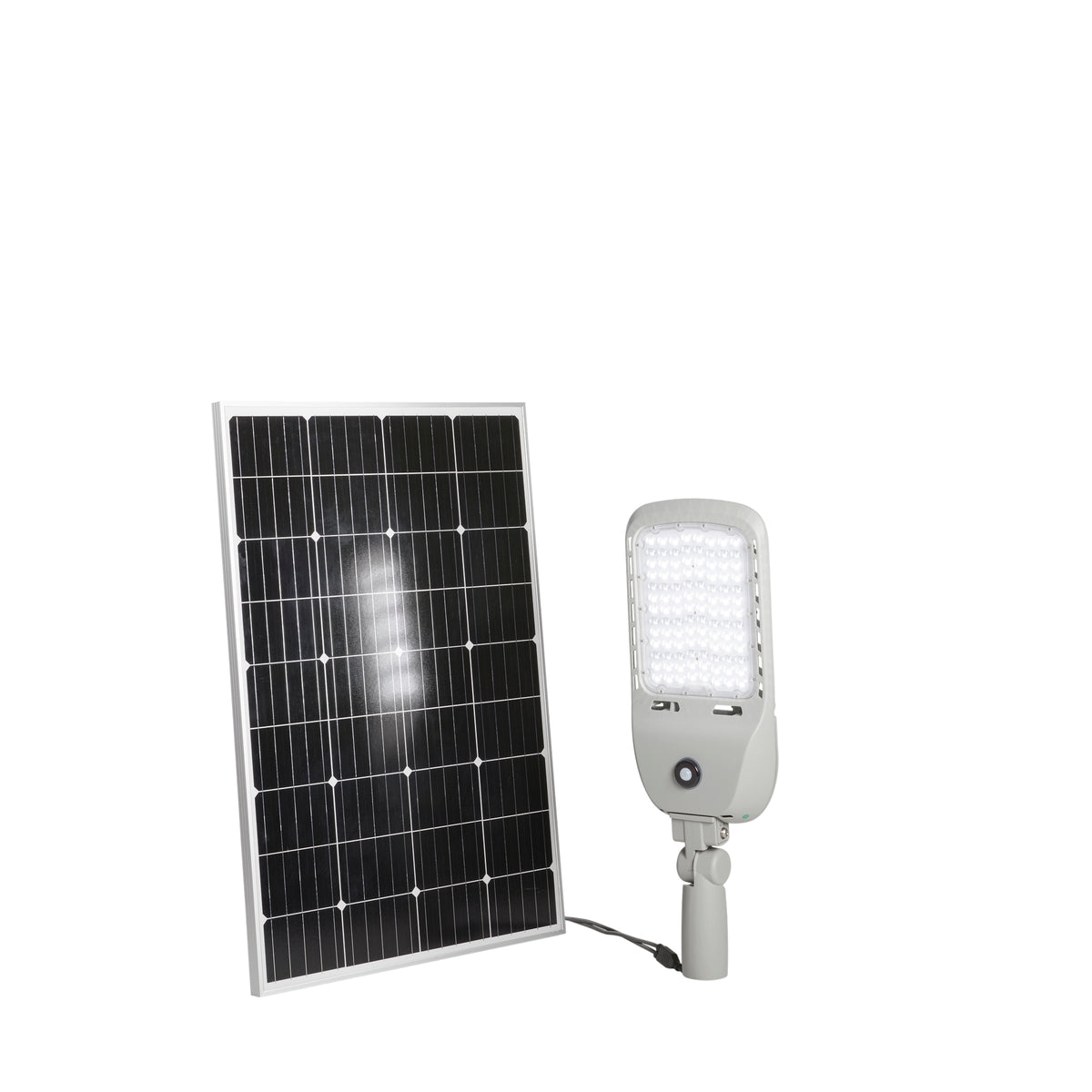 "Faro stradale LED IPERION argento con sensore di movimento e pannello solare 50W 4000K (luce naturale) IP65"