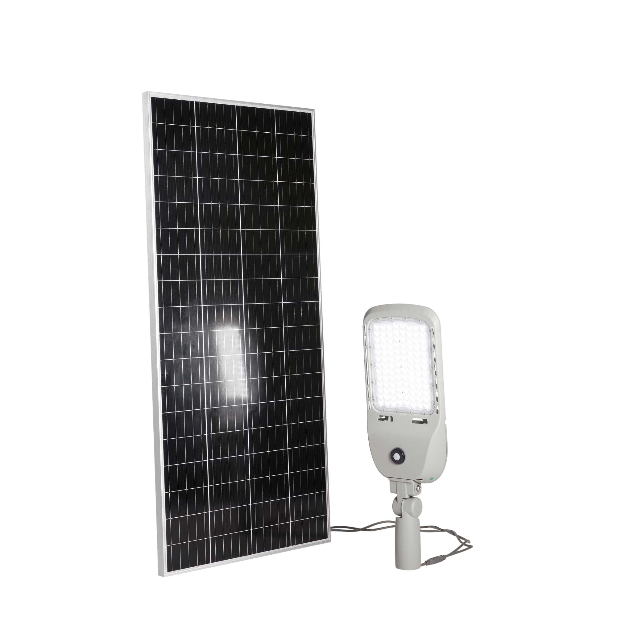 "Faro stradale LED IPERION argento con sensore di movimento e pannello solare 75W 4000K (luce naturale) IP65"
