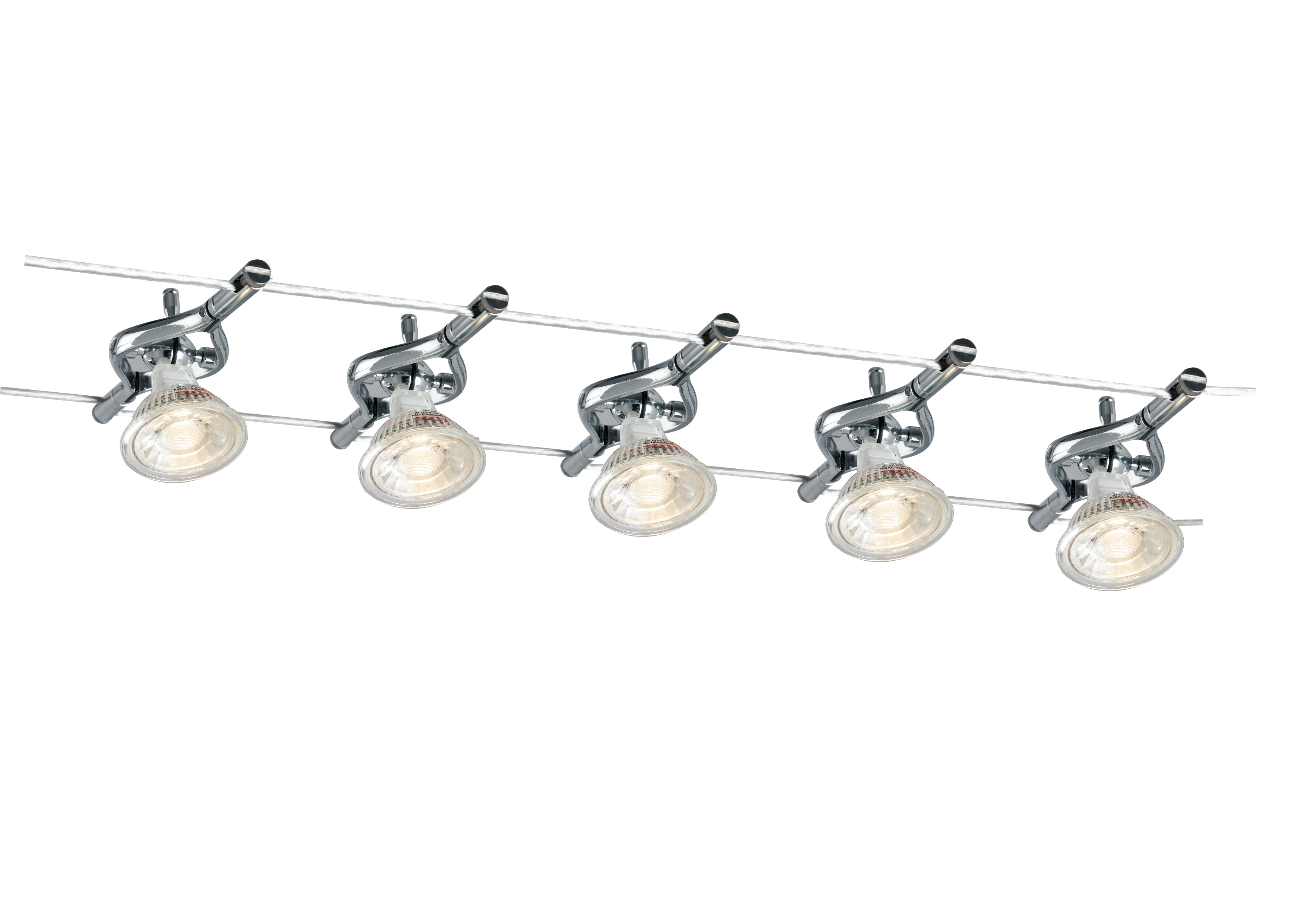 "Sistema cavi tesi METRO cromo con cinque lampadine MR16"