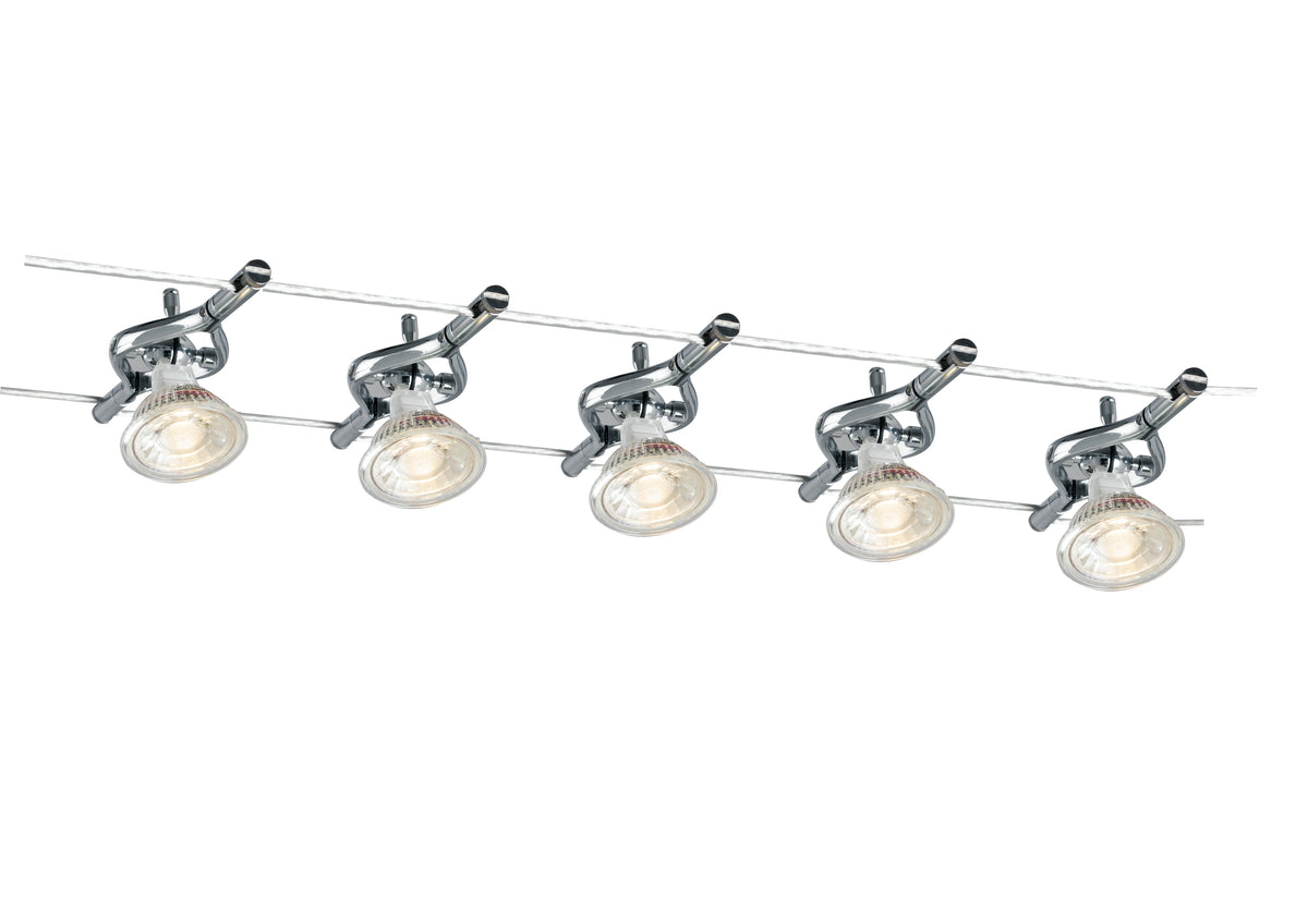 "Sistema cavi tesi METRO cromo con cinque lampadine MR16"