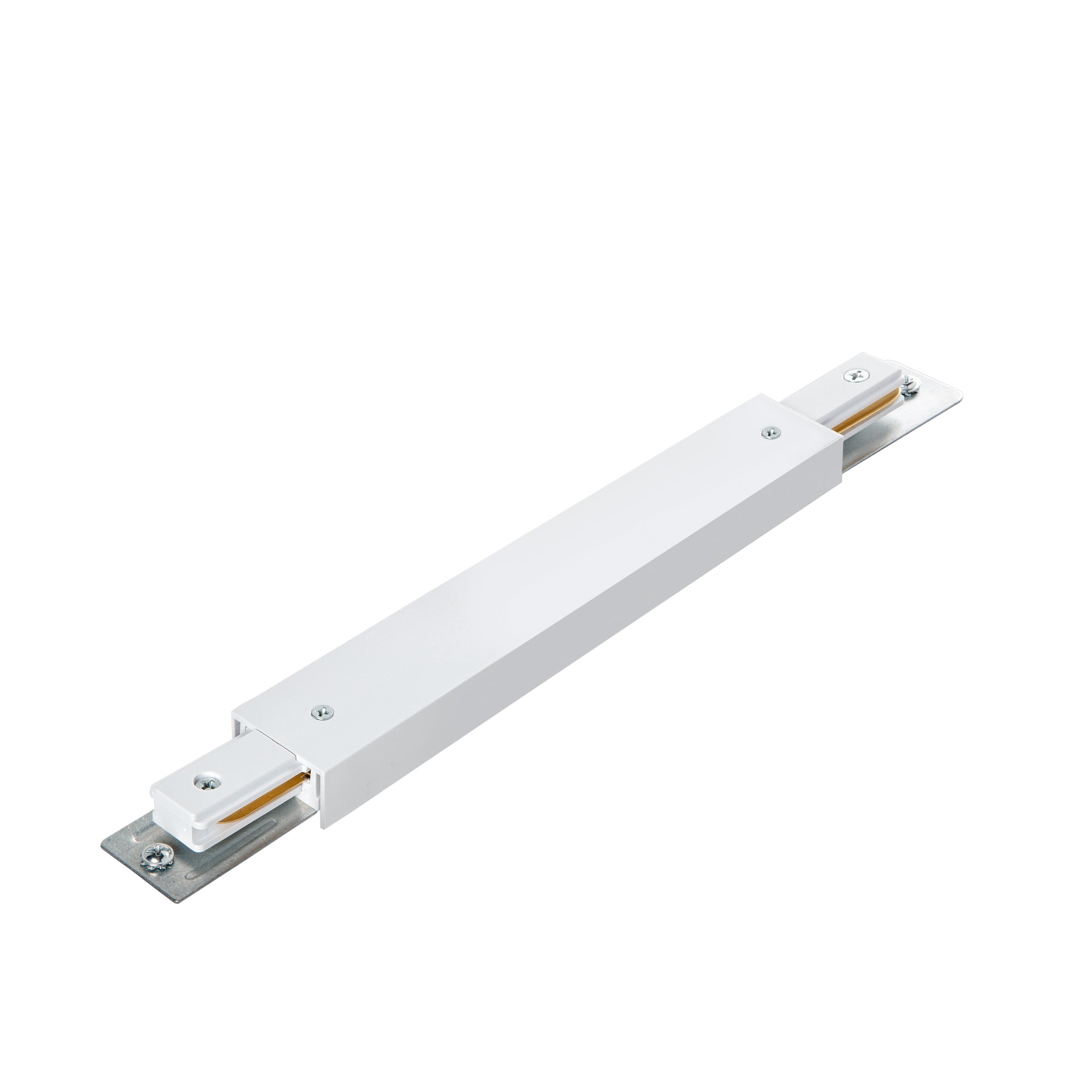 Connettore lineare bianco con connessione elettrica centrale per binari sistema monofase.