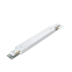 Connettore lineare bianco con connessione elettrica centrale per binari sistema monofase.