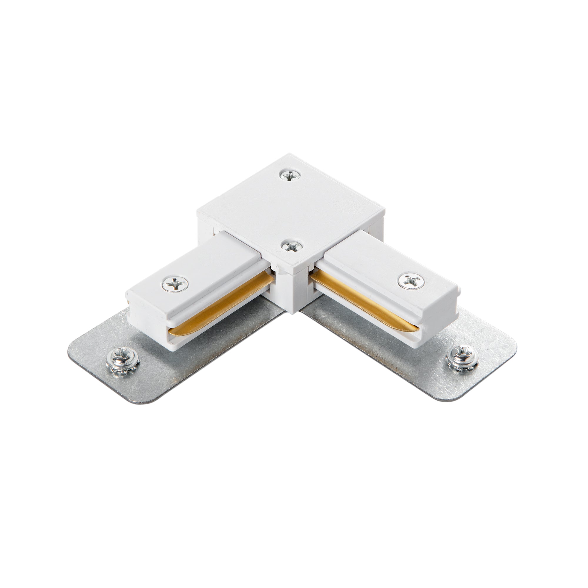 Connettore bianco track a L per binari guida monofase.