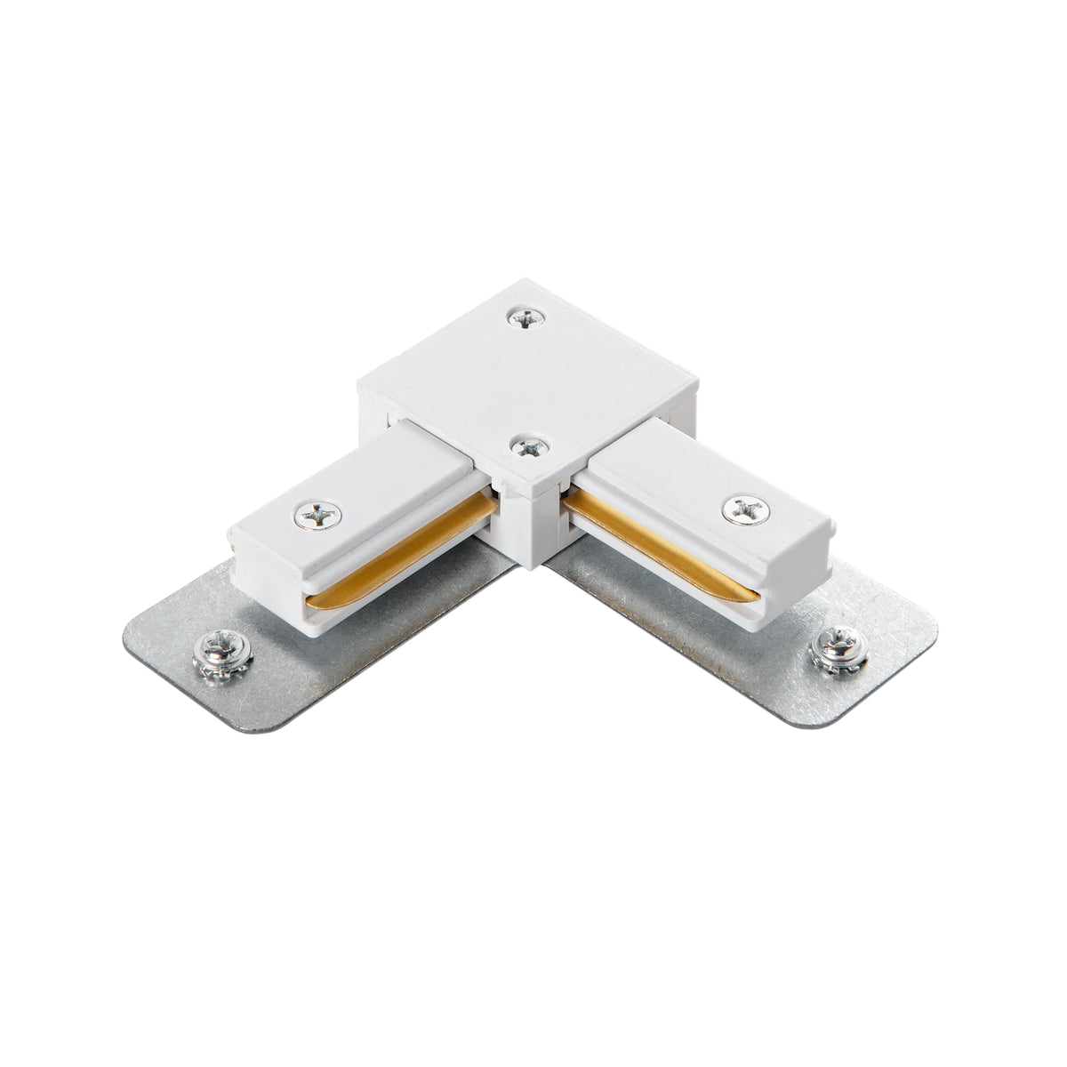 Connettore bianco track a L per binari guida monofase.