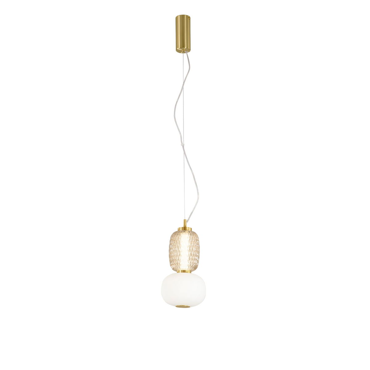 "Sospensione LED TOTEM in metallo oro con 1 diffusore bianco e ambra 3000K"