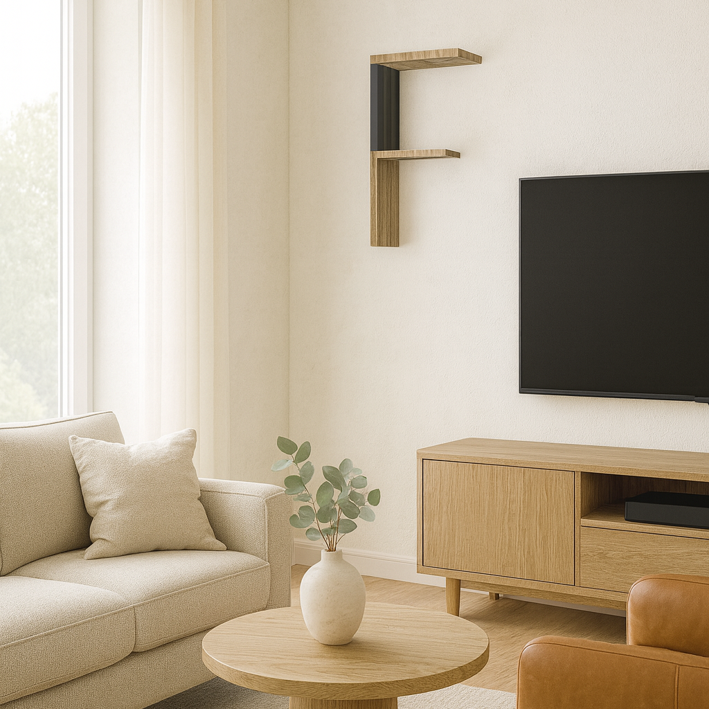 Mensola in legno lettera F su parete di un salotto moderno in rovere