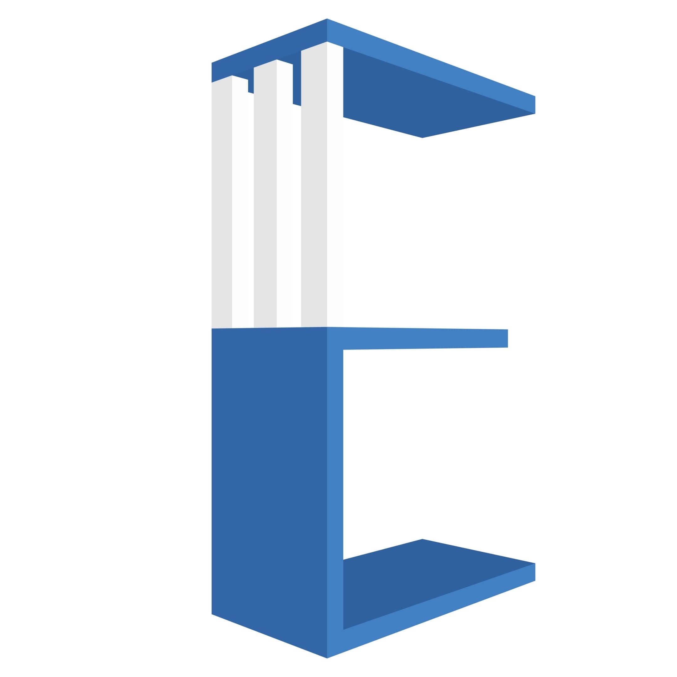 mensola in legno a forma di lettera E colore blu e bianco