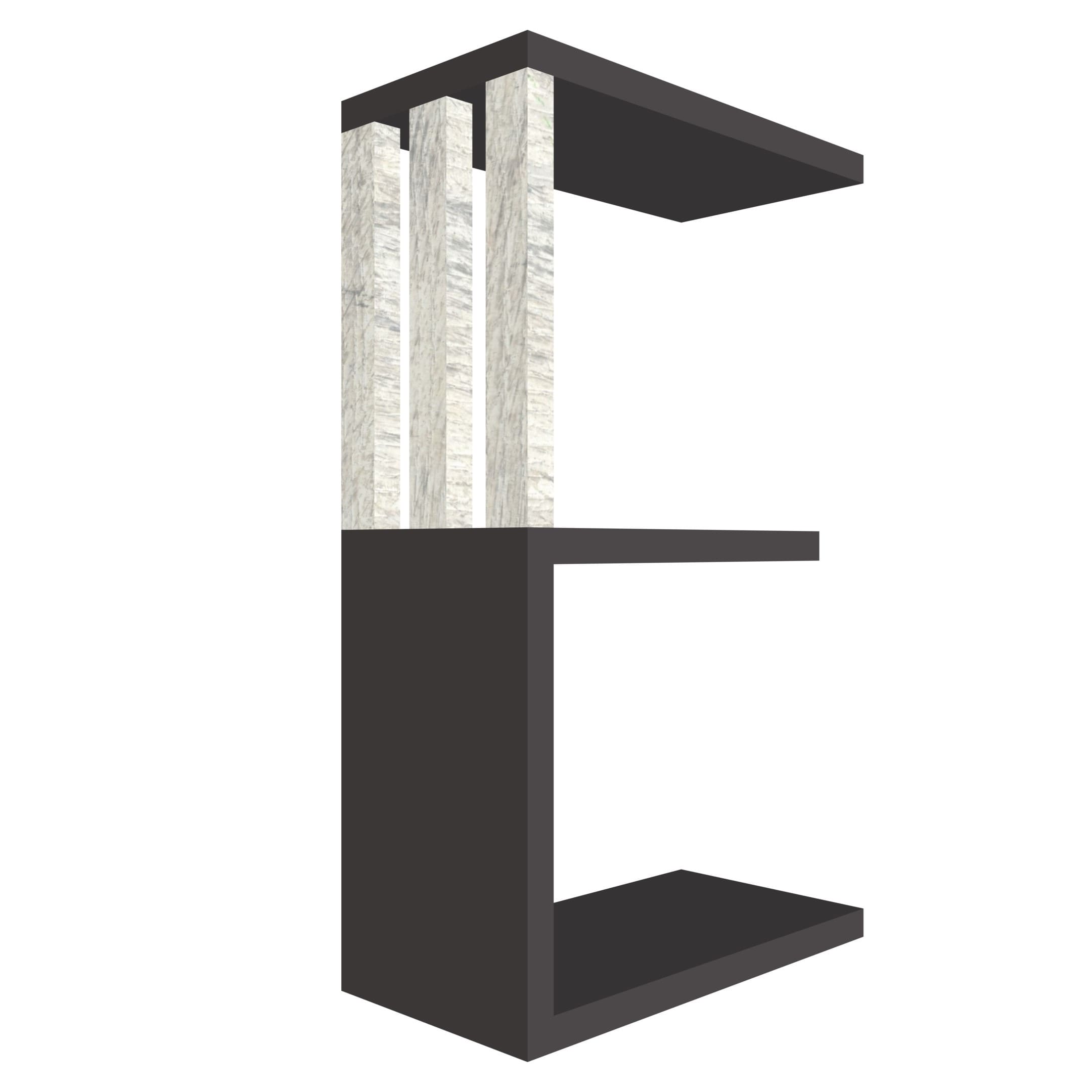 mensola in legno a forma di lettera E colore grafite e legno chiaro