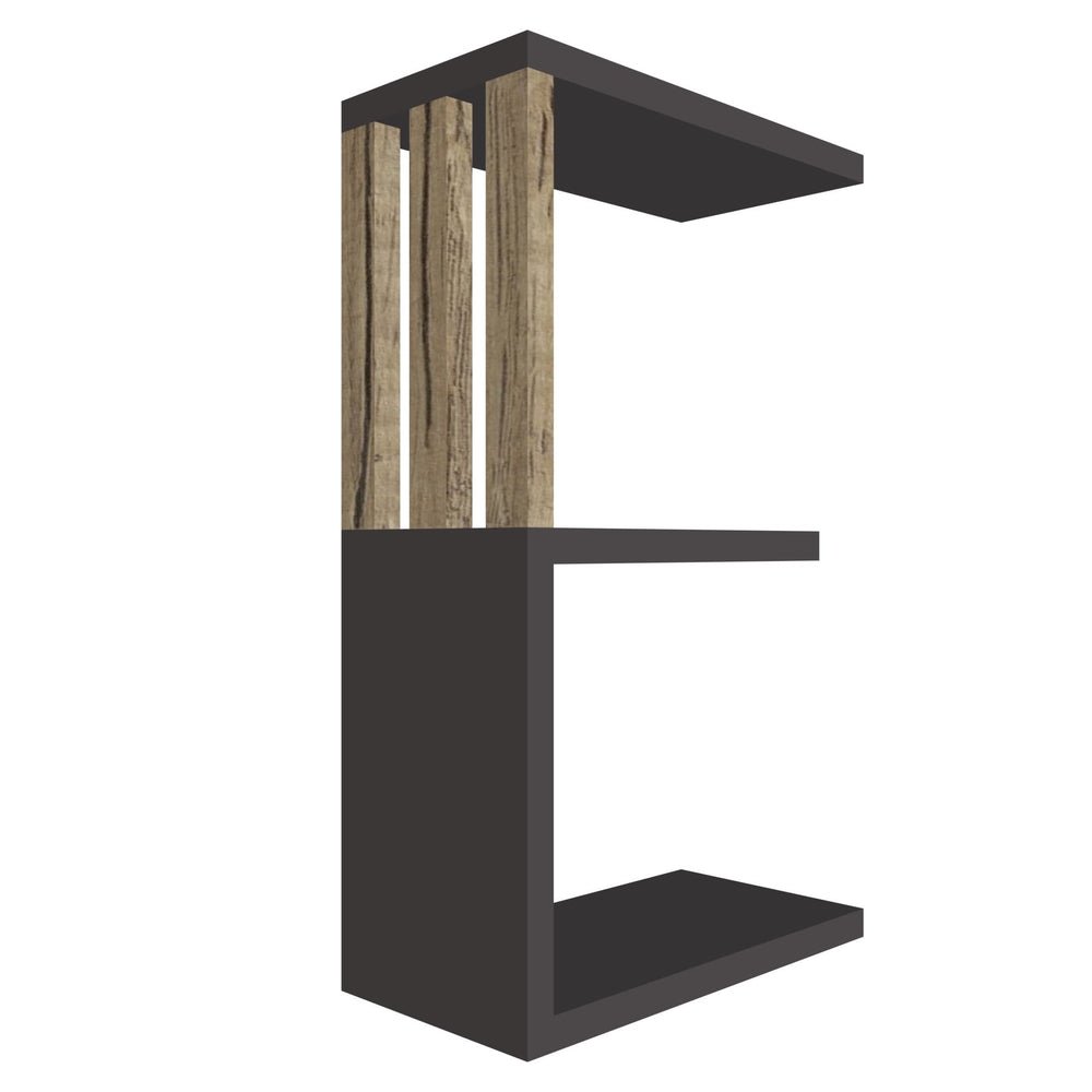 mensola in legno a forma di lettera E colore grafite e rovere