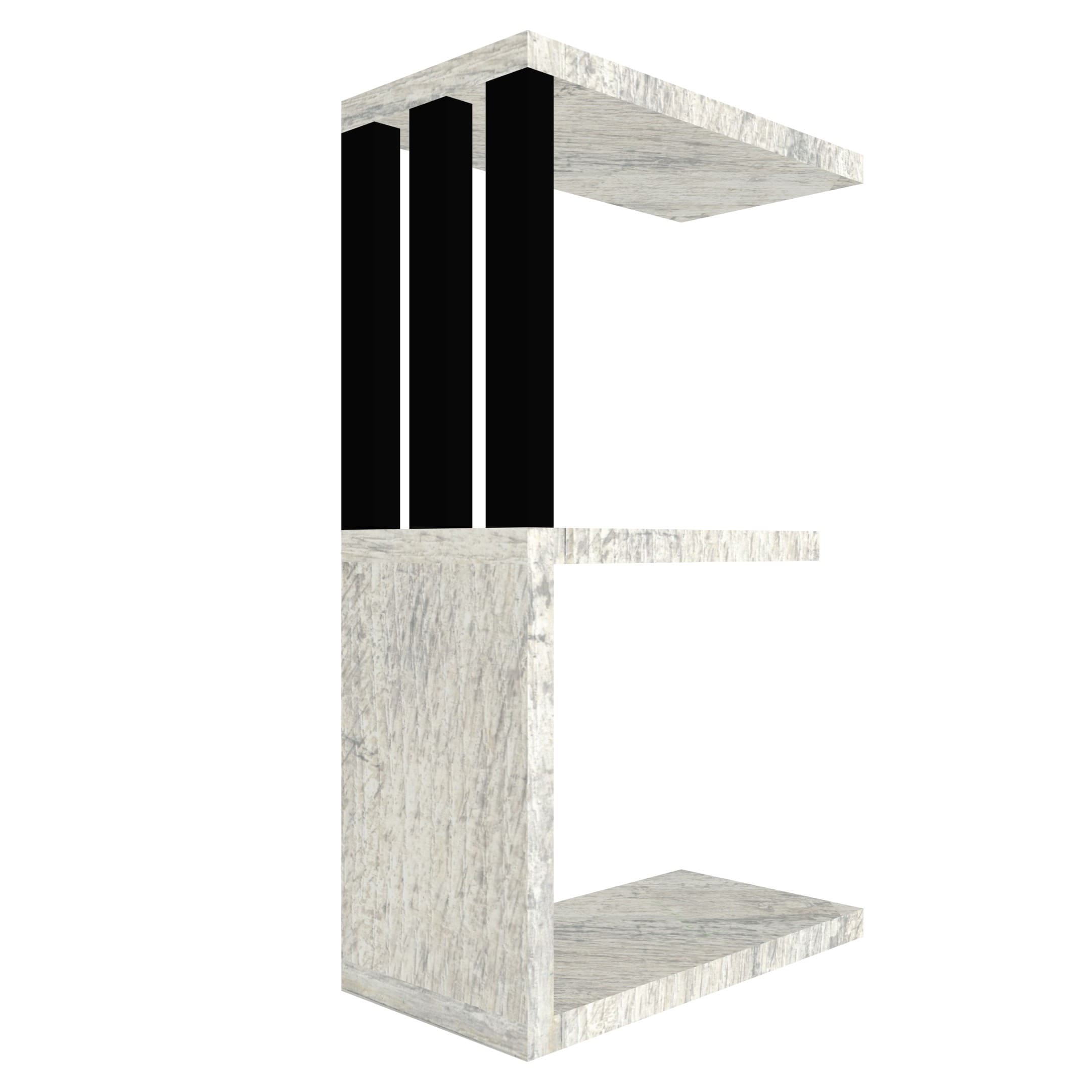 mensola in legno a forma di lettera E colore legno chiaro e nero