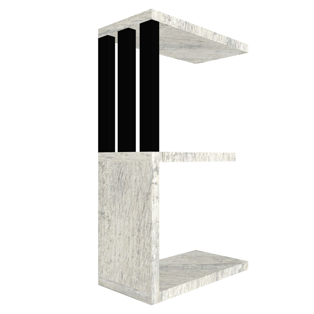 mensola in legno a forma di lettera E colore legno chiaro e nero