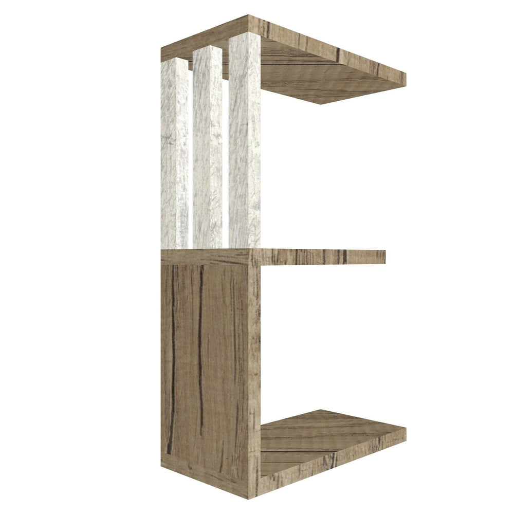 mensola in legno a forma di lettera E colore rovere e legno chiaro