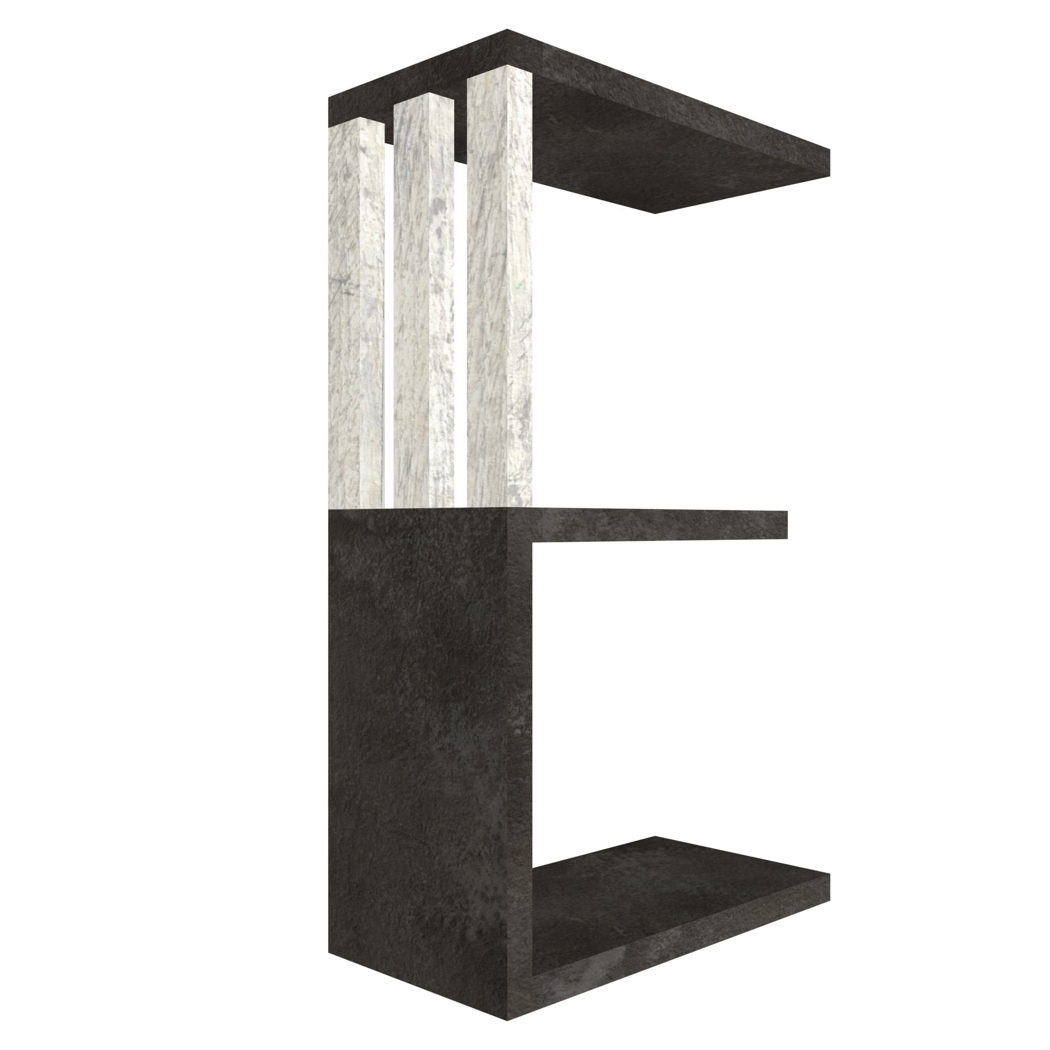 mensola in legno a forma di lettera E colore vulcano e legno chiaro