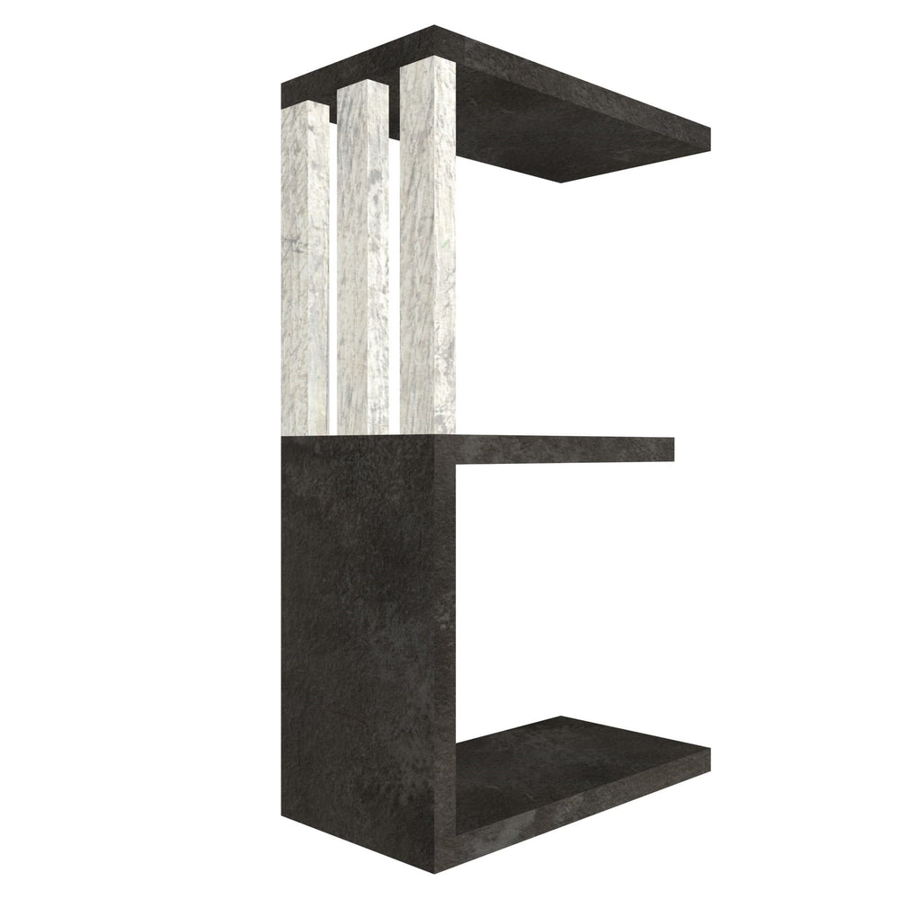 mensola in legno a forma di lettera E colore vulcano e legno chiaro