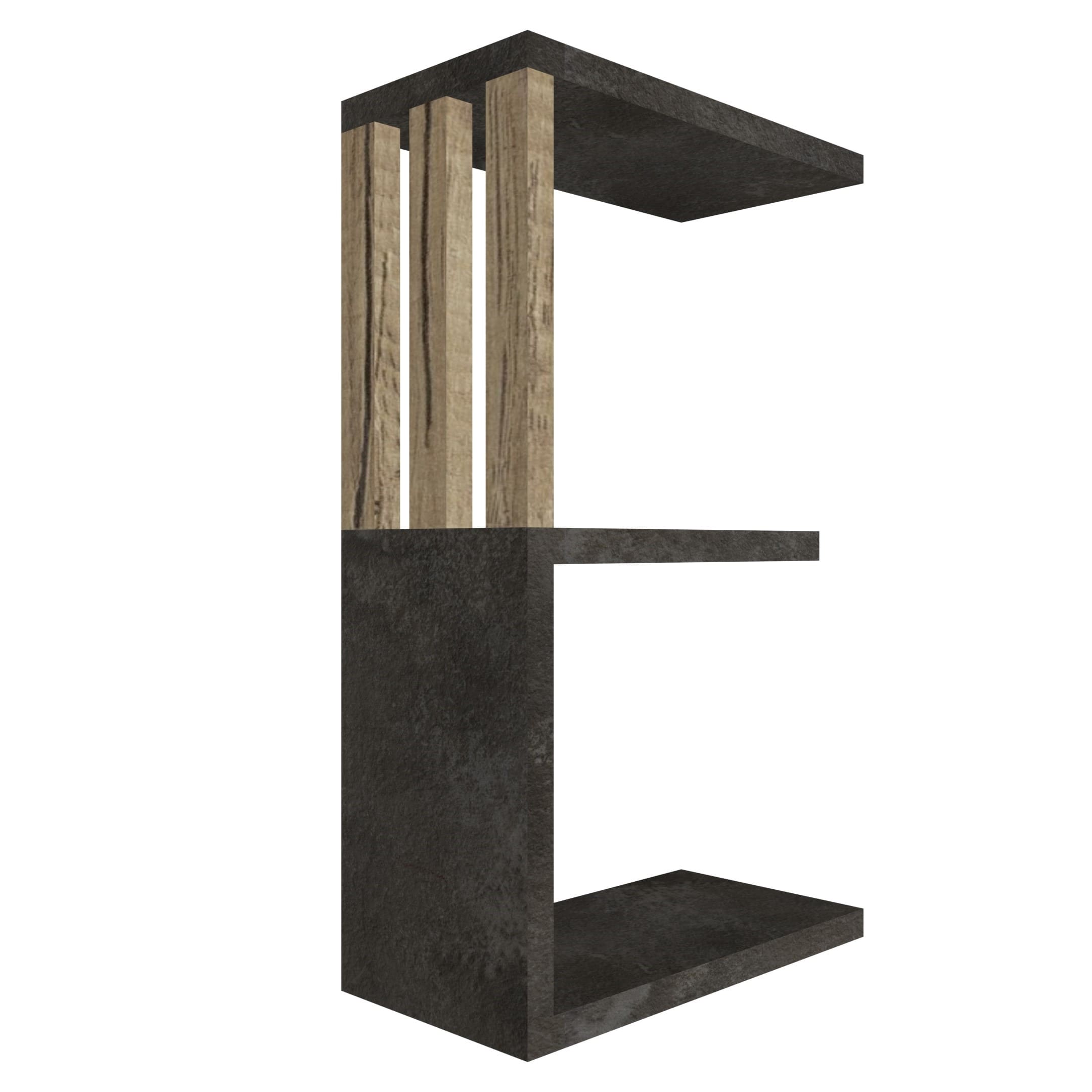 mensola in legno a forma di lettera E colore vulcano e rovere