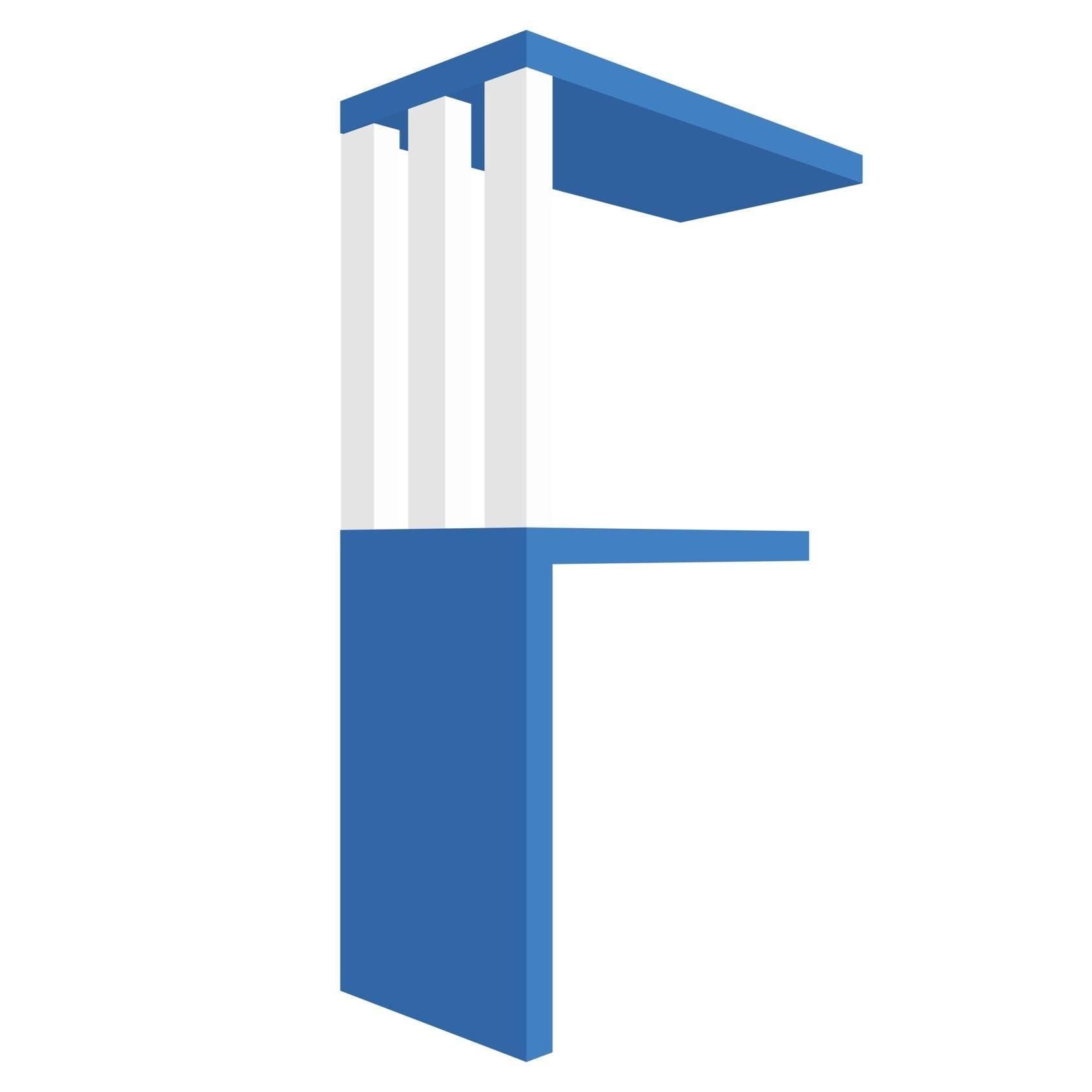 mensola in legno a forma di lettera F colore blu e bianco