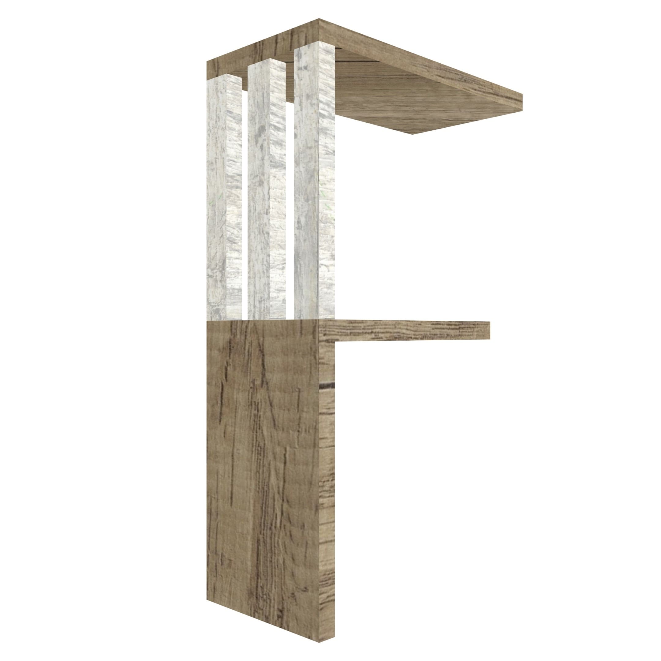 mensola in legno a forma di lettera F colore rovere e legno chiaro