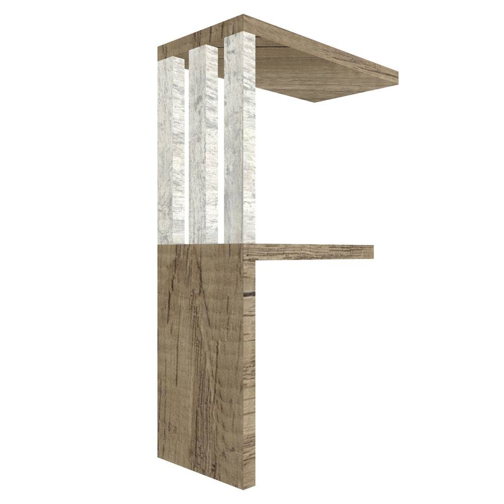 mensola in legno a forma di lettera F colore rovere e legno chiaro